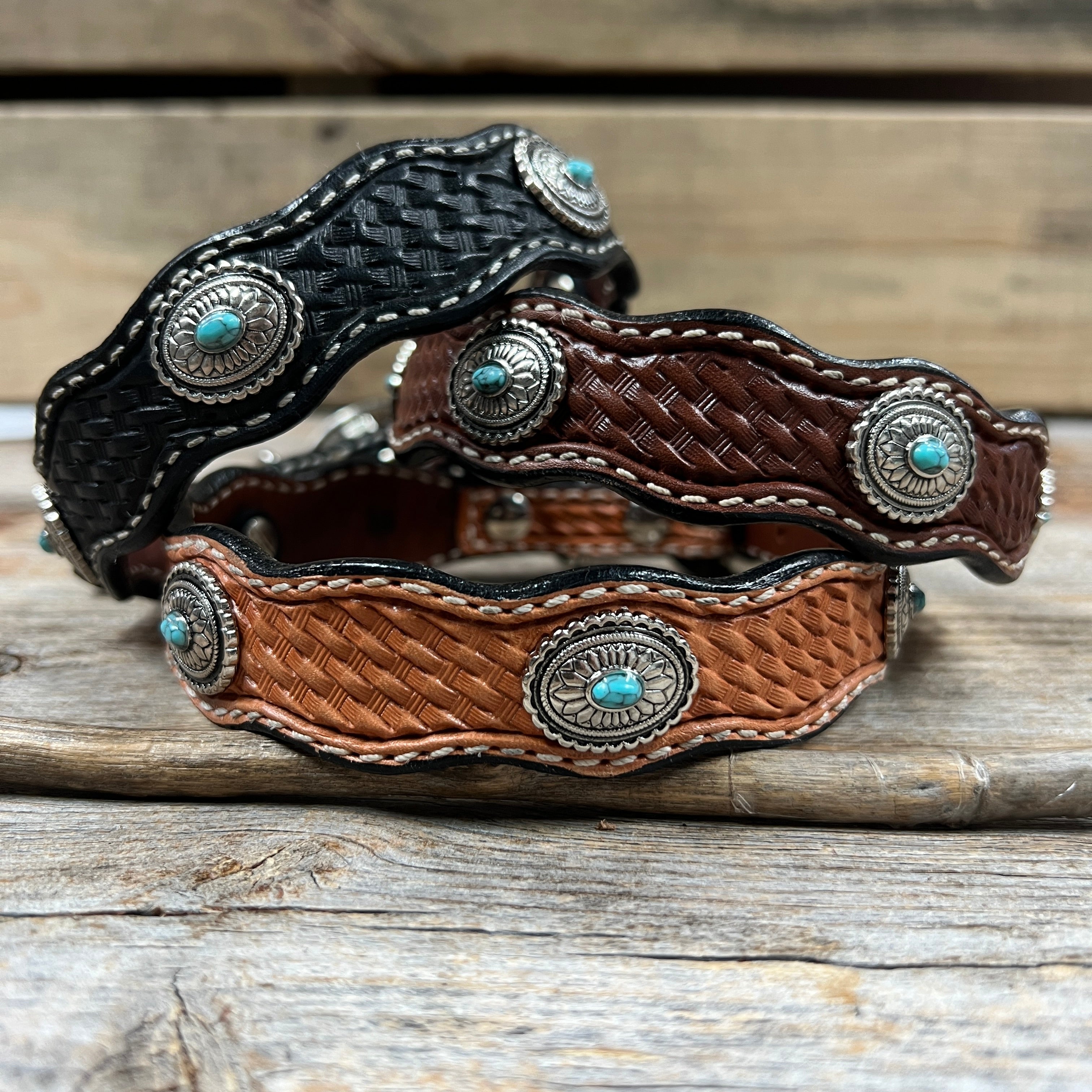 Leather Dog Collar With Antique Silver Oval Conchos 10" to 22" W237S -DC66