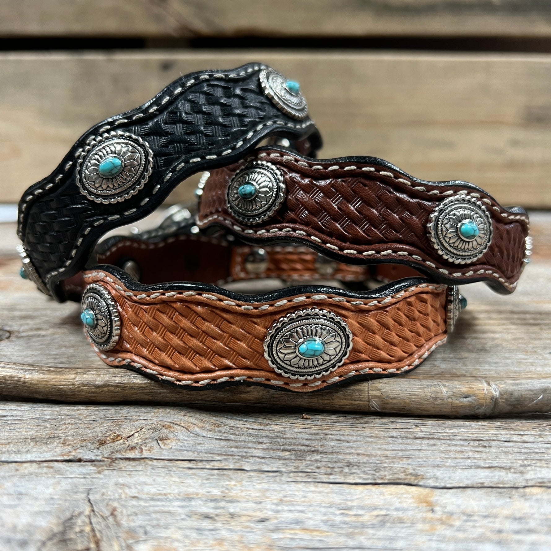 Genuine Leather Dog Collar or Leash With Antique Silver Oval Conchos 10" to 22" W237S|DC66