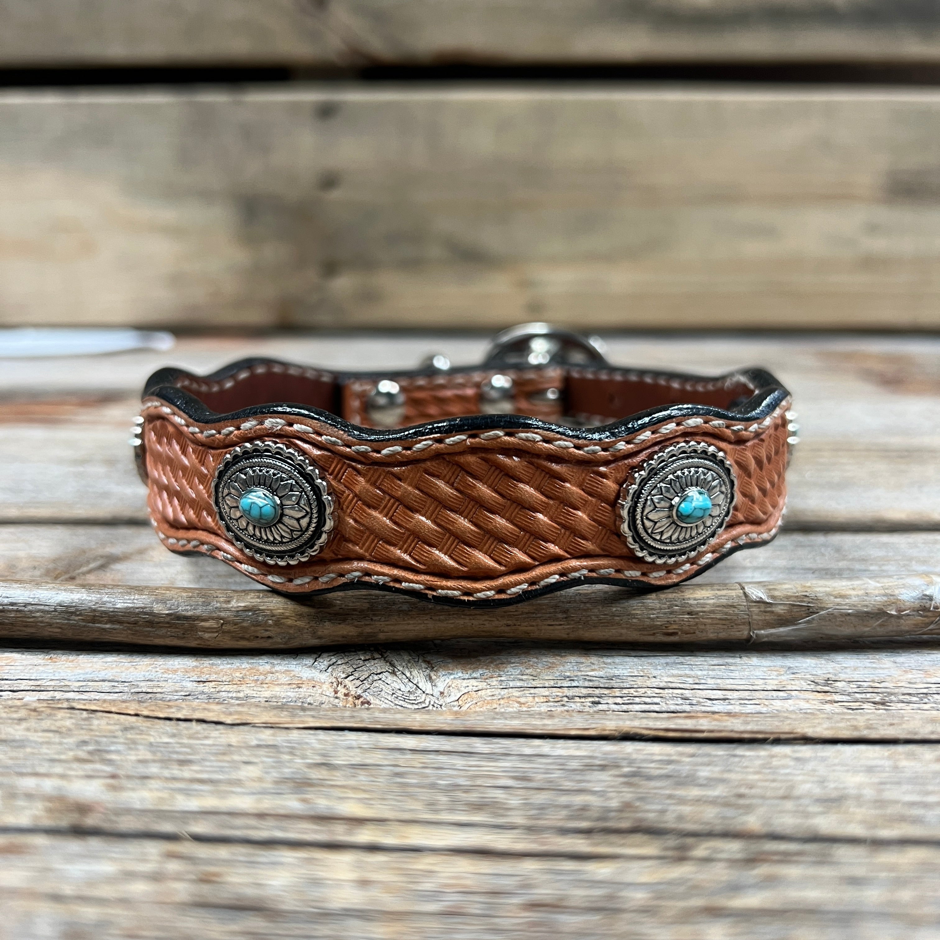 Leather Dog Collar With Antique Silver Oval Conchos 10