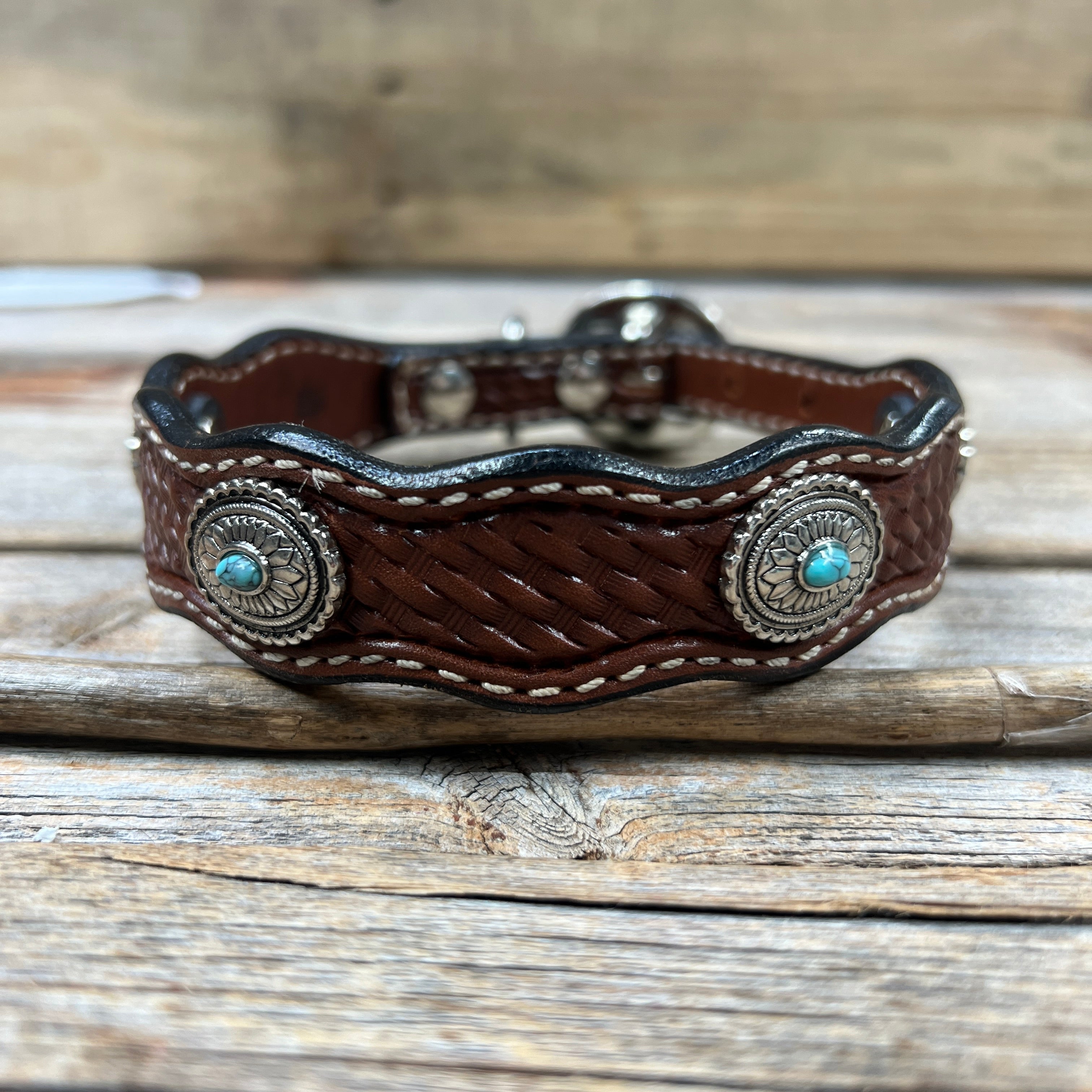 Leather Dog Collar With Antique Silver Oval Conchos 10