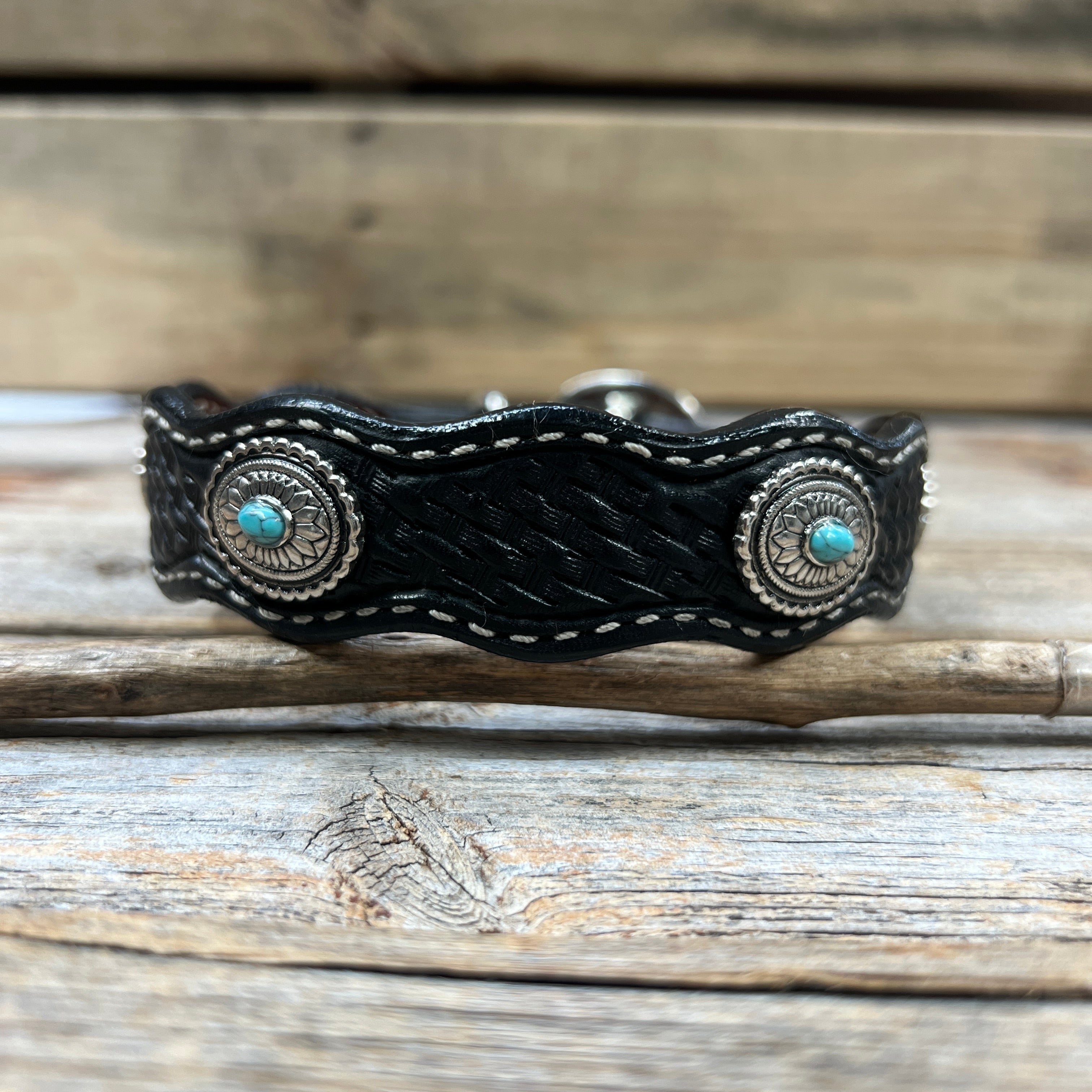 Leather Dog Collar With Antique Silver Oval Conchos 10