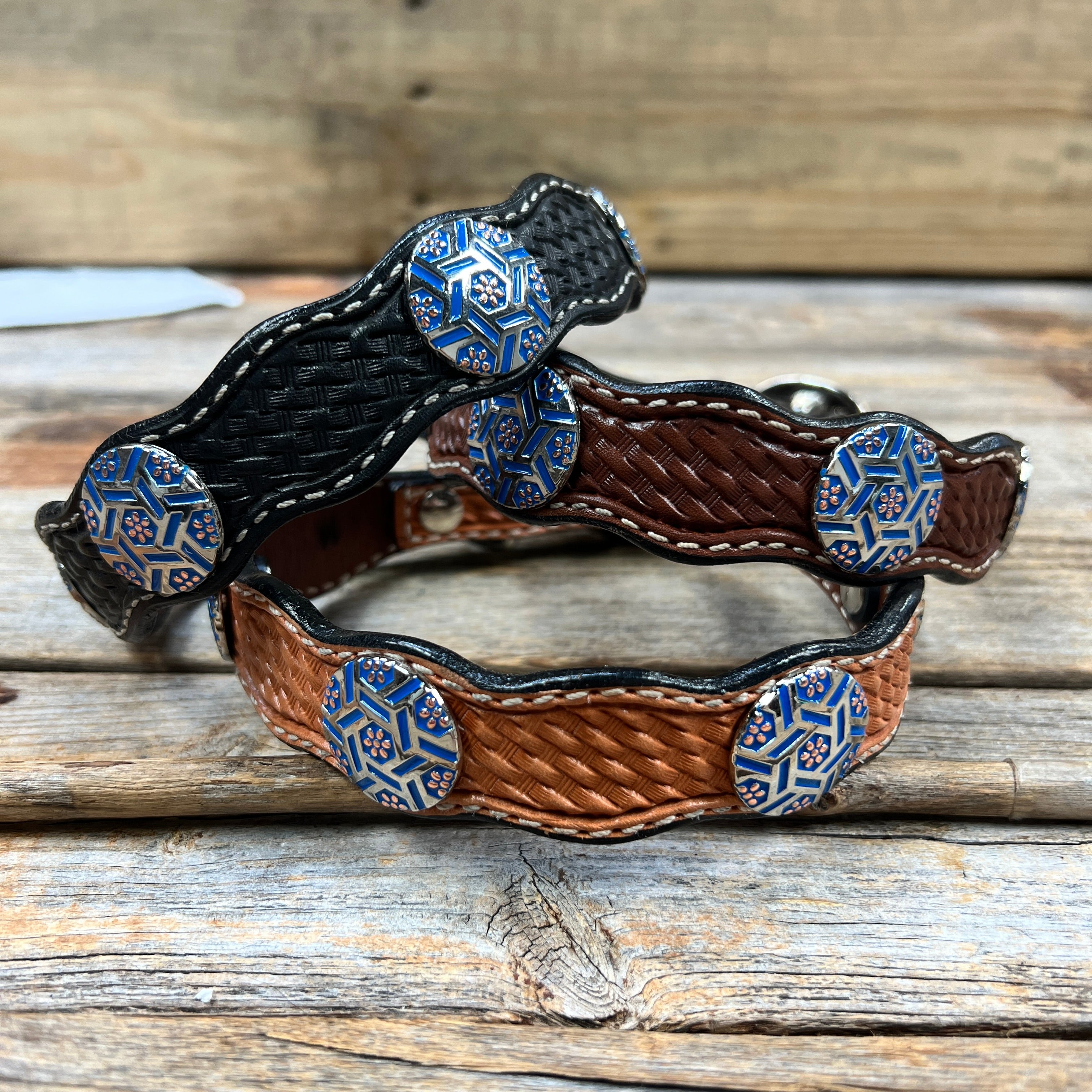 Leather Dog Collar With Blue Geometric Conchos 10