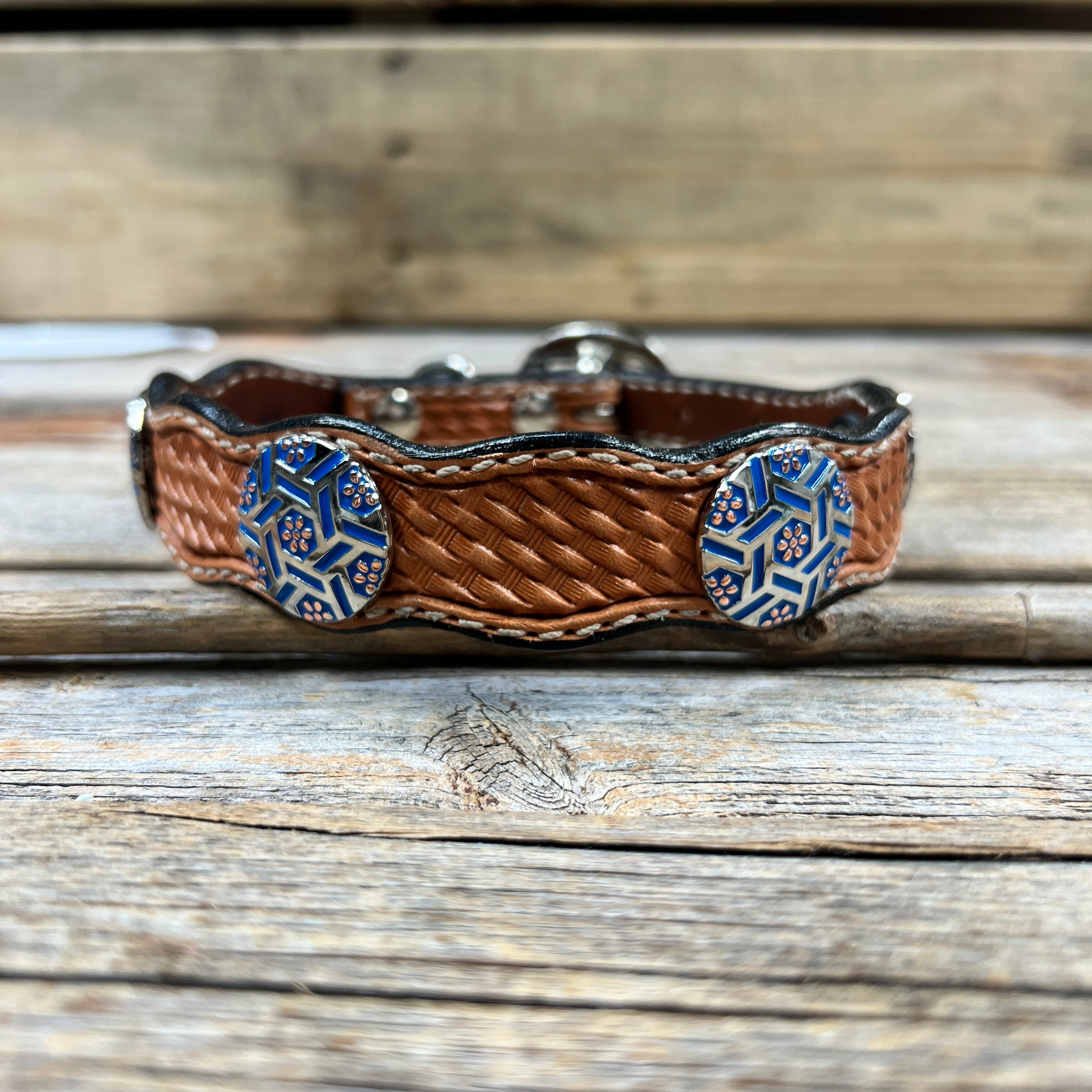 Leather Dog Collar With Blue Geometric Conchos 10