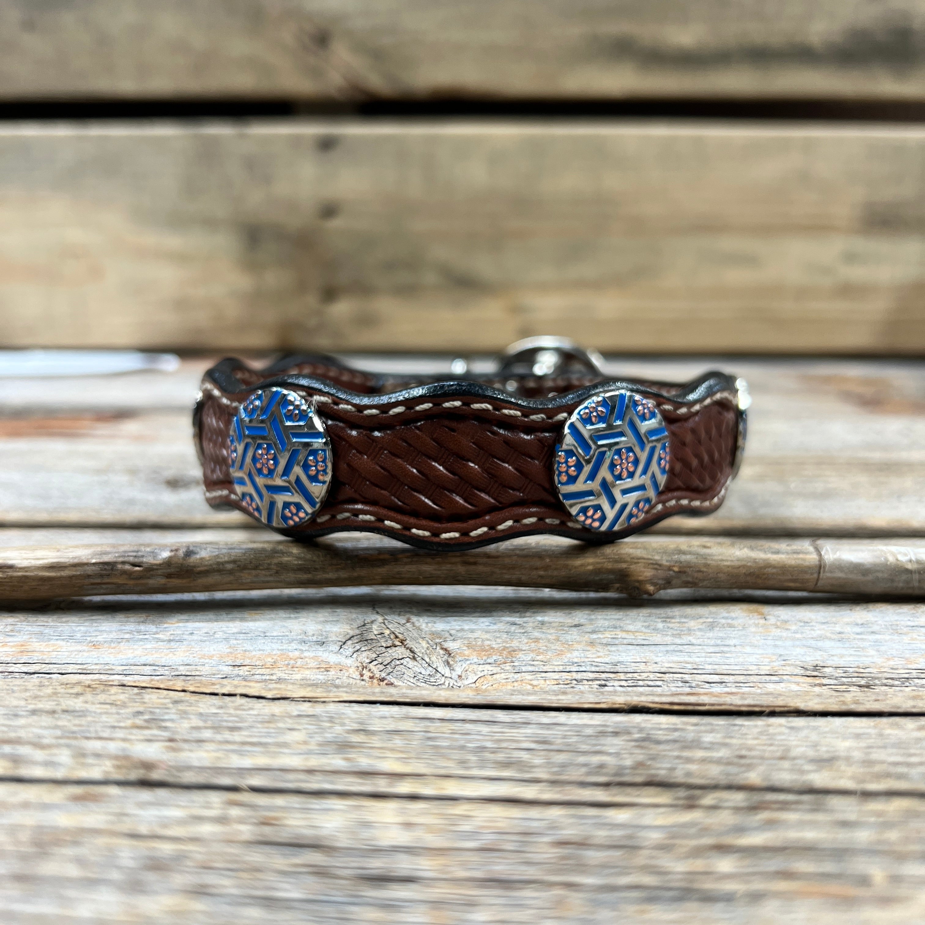 Leather Dog Collar With Blue Geometric Conchos 10