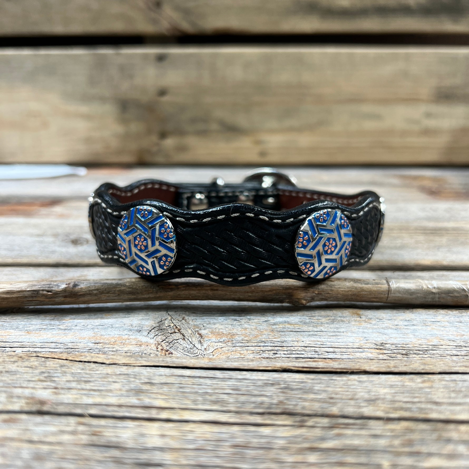 Genuine Leather Dog Collar With Blue Geometric Conchos 10" to 22" W236S -DC67