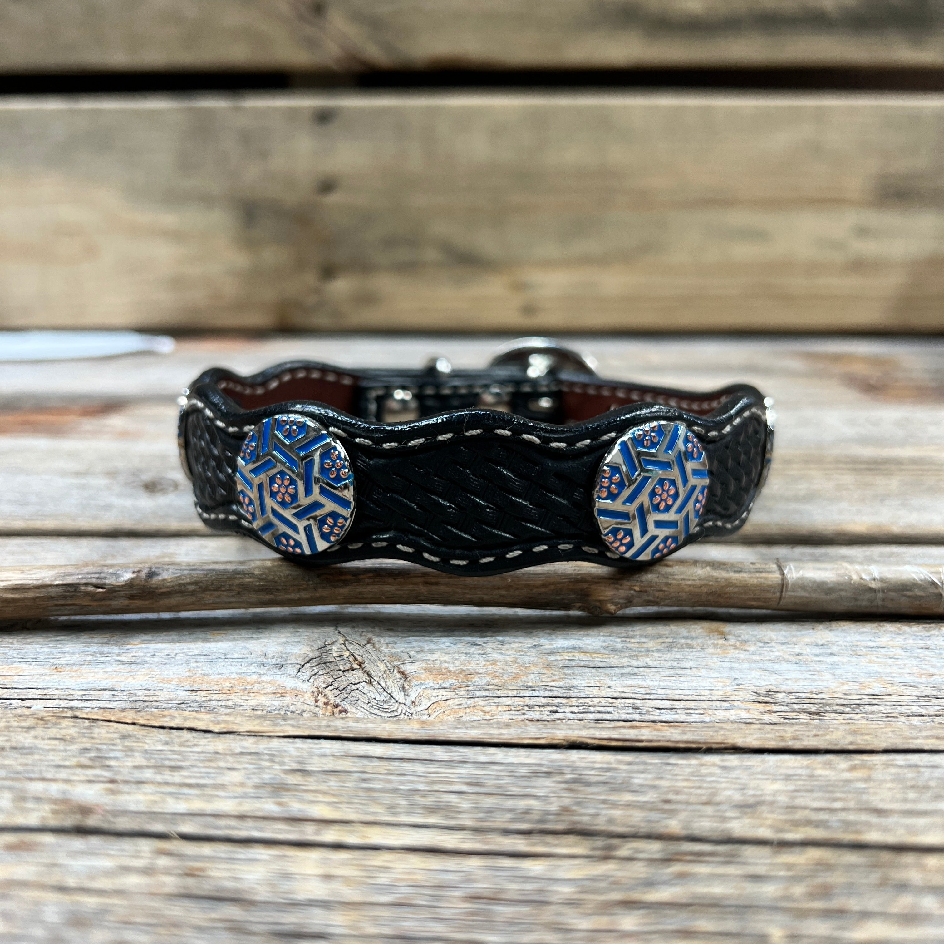 Leather Dog Collar With Blue Geometric Conchos 10