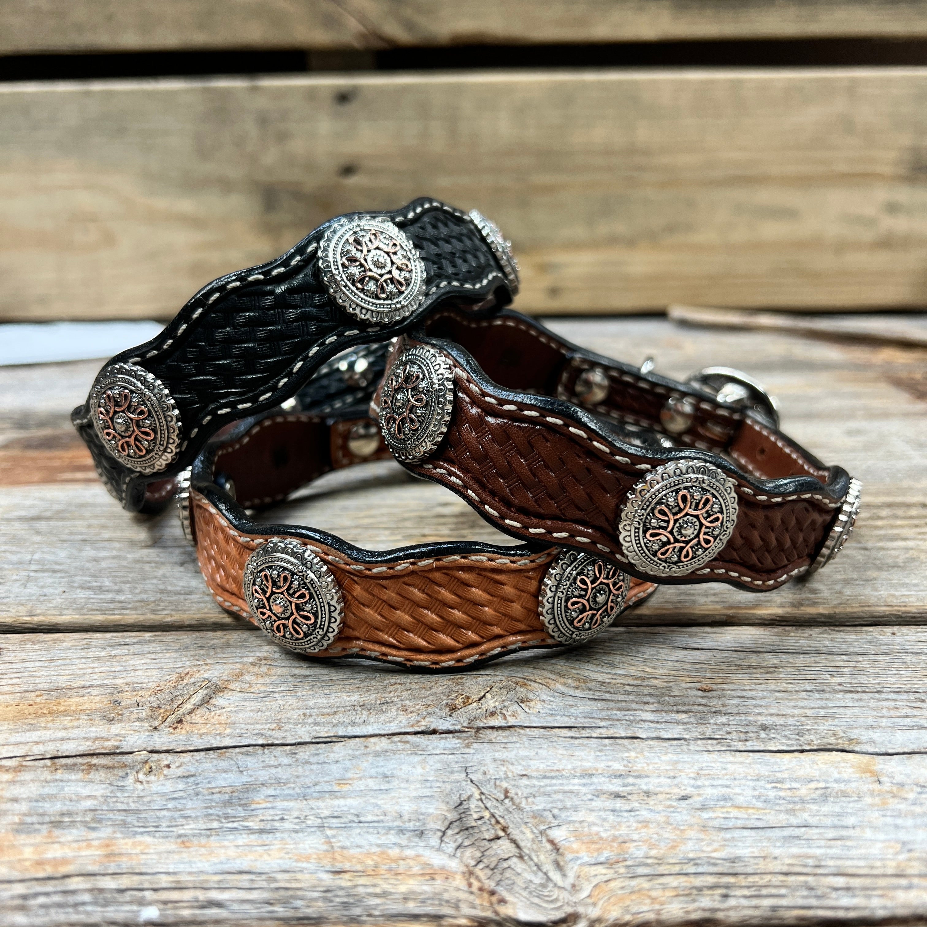 Leather Dog Collar With Flower and Loops Conchos 10" to 22" W235S -DC68