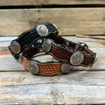 Genuine Leather Dog Collar With Flower and Loops Conchos 10" to 22" W235S -DC68