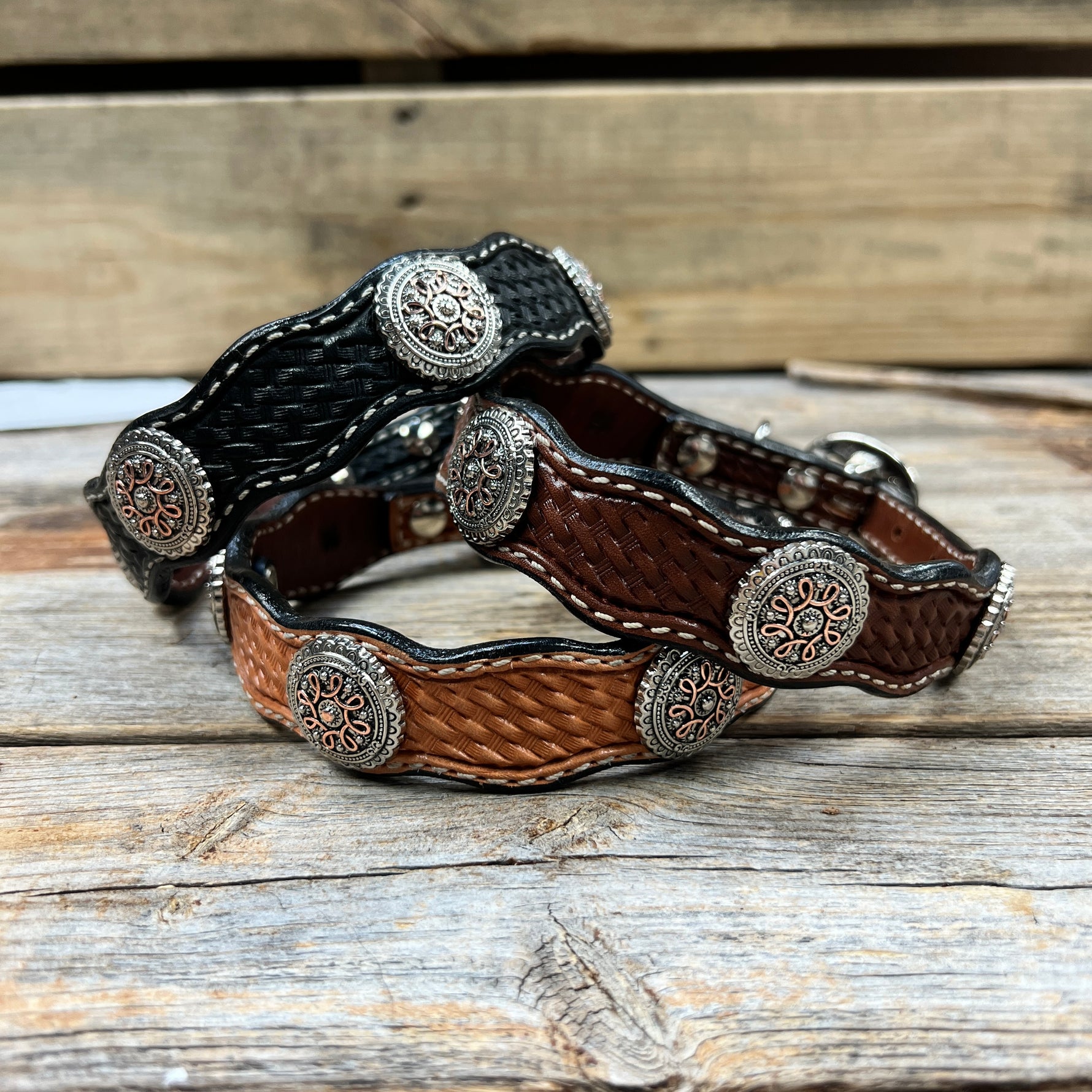 Genuine Leather Dog Collar With Flower and Loops Conchos 10" to 22" W235S -DC68