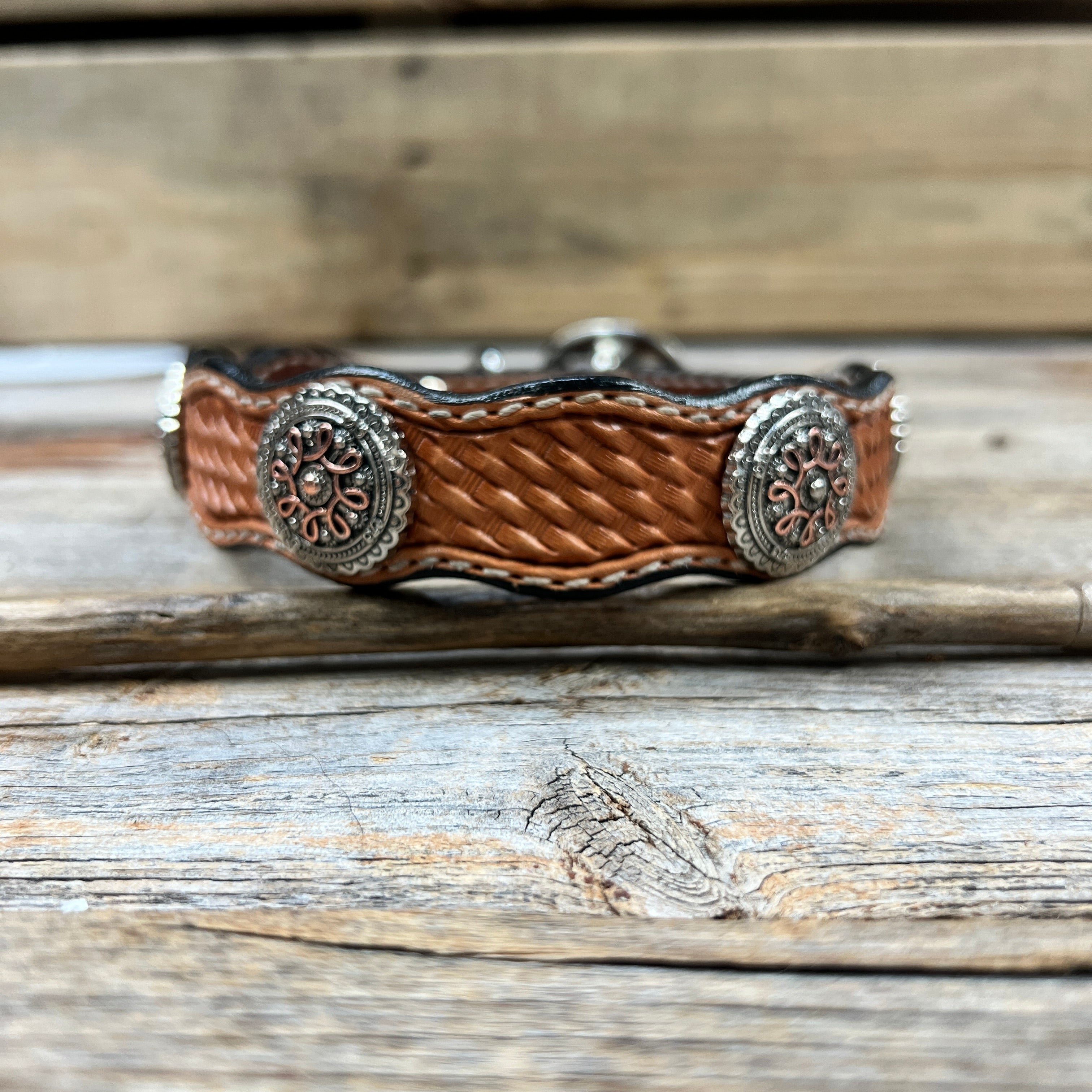 Leather Dog Collar With Flower and Loops Conchos 10