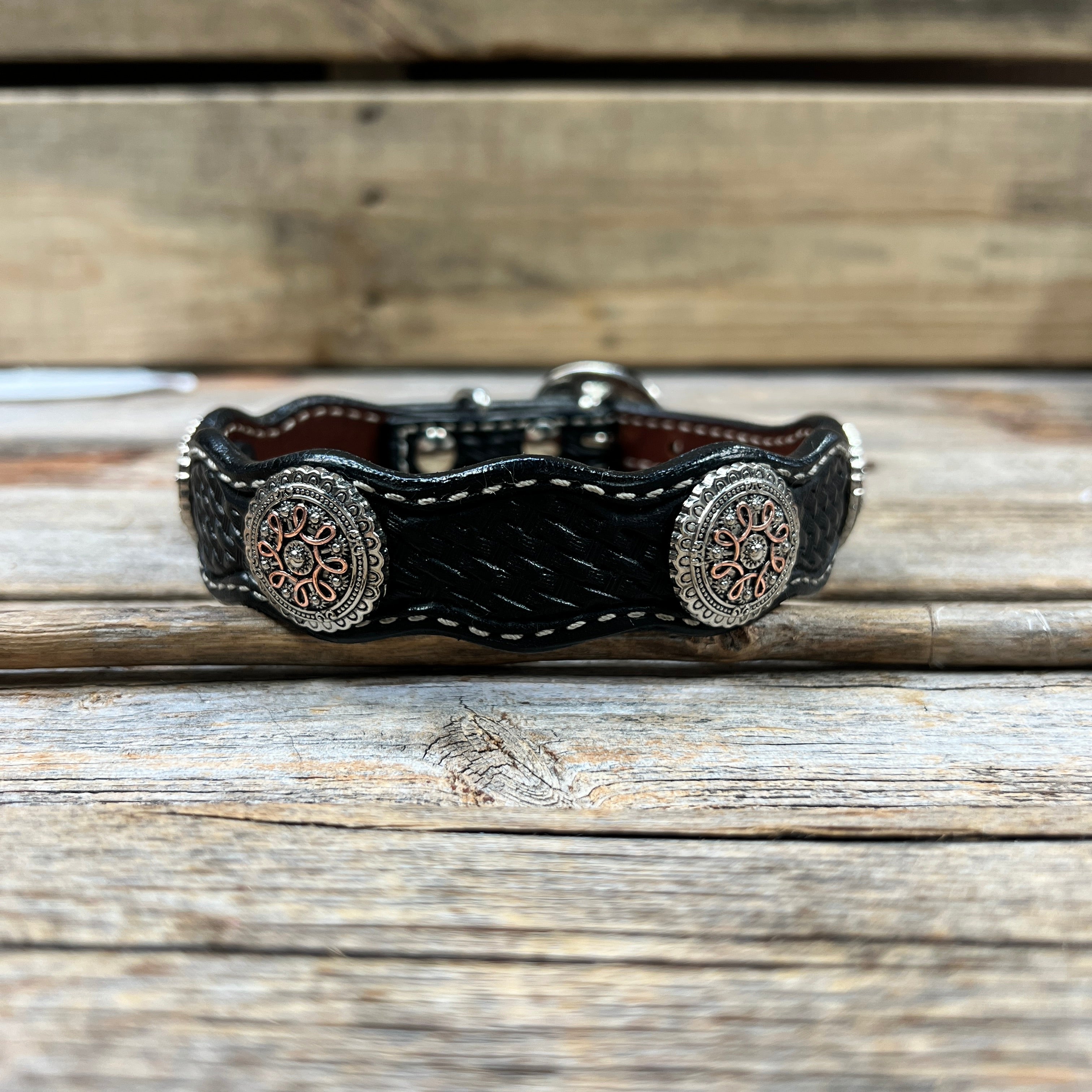 Leather Dog Collar With Flower and Loops Conchos 10