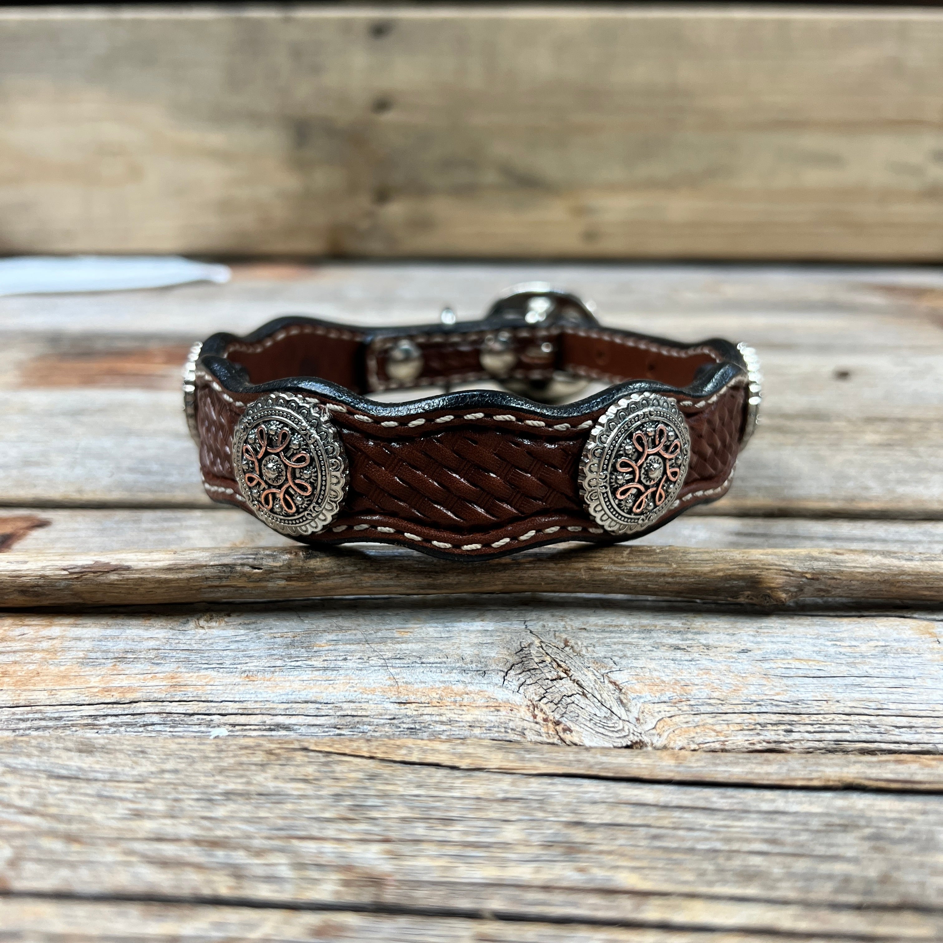 Leather Dog Collar With Flower and Loops Conchos 10