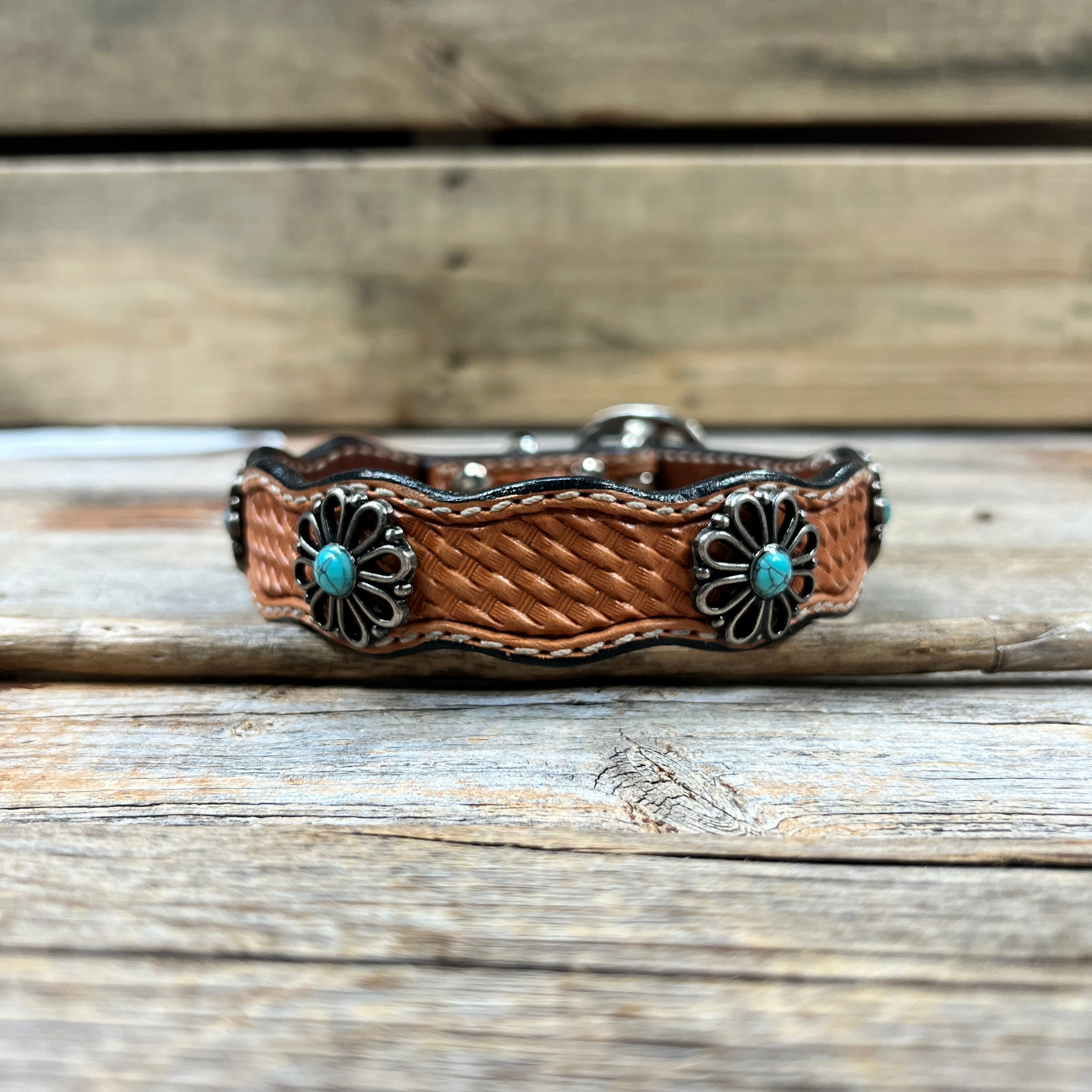 Leather Dog Collar With Turquoise Flower Conchos 10" to 22" W231S -DC69
