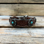 Genuine Leather Dog Collar or Leash With Turquoise Flower Conchos 10" to 22" W231S -DC69