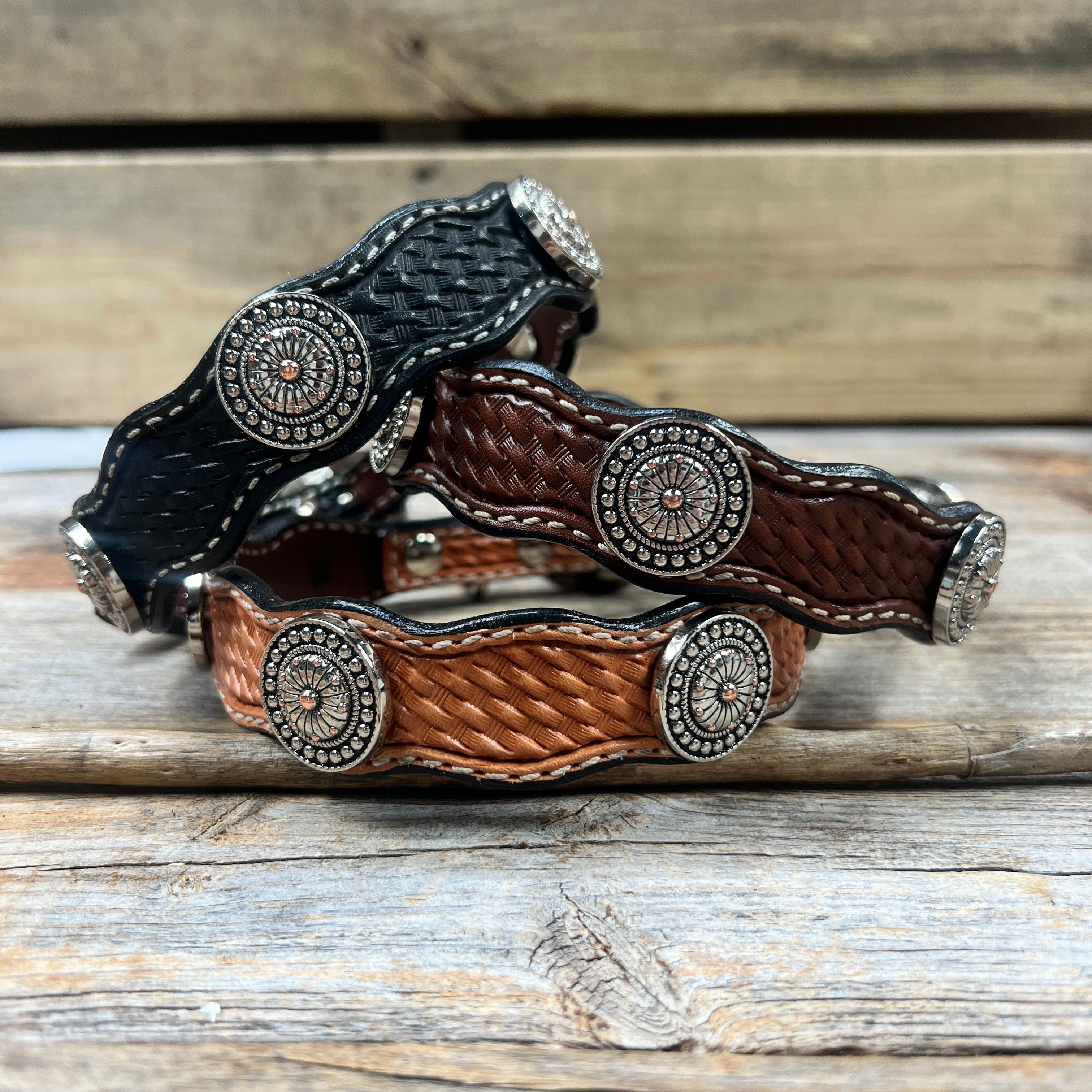 Leather Dog Collar With Flower and Dot Conchos 10