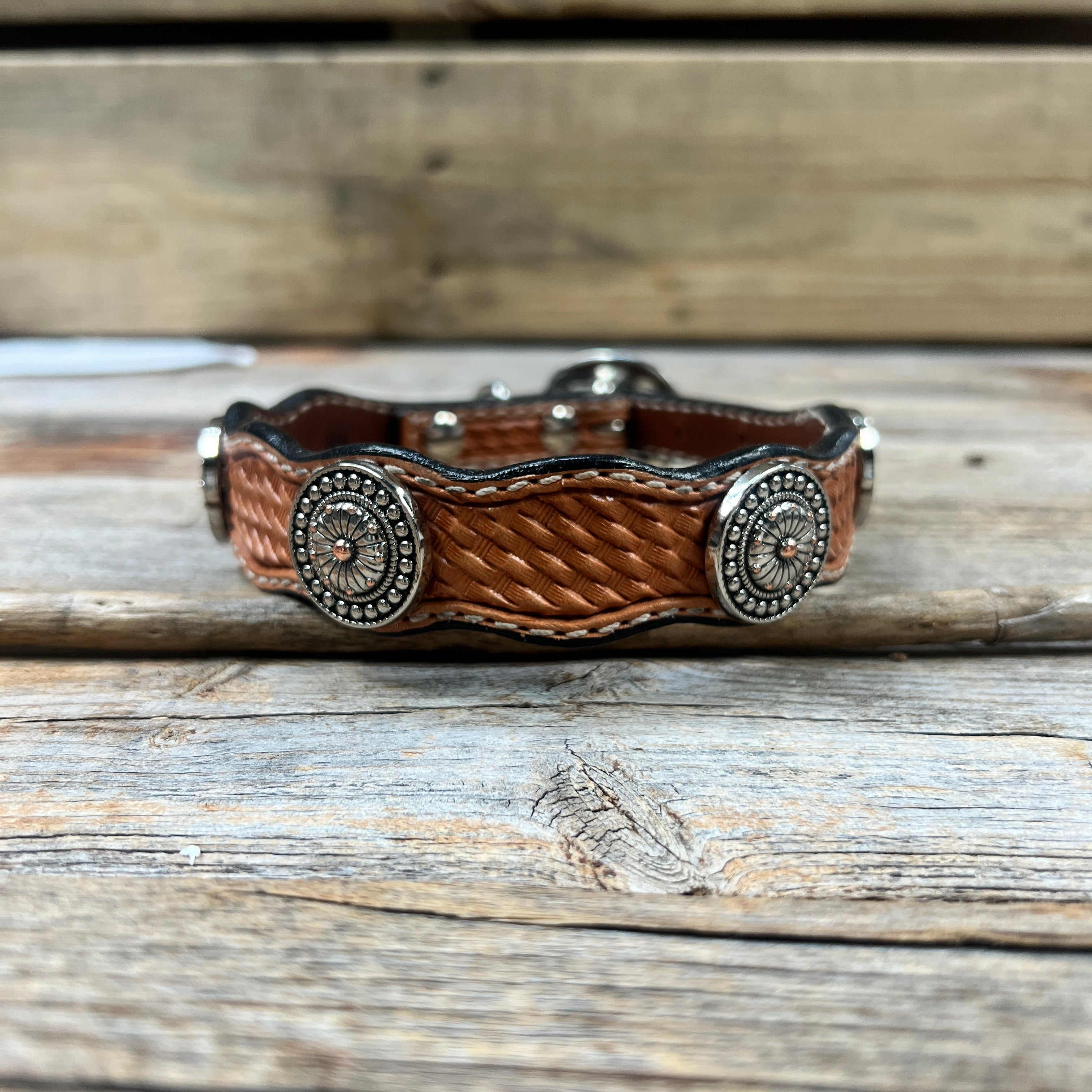 Leather Dog Collar With Flower and Dot Conchos 10