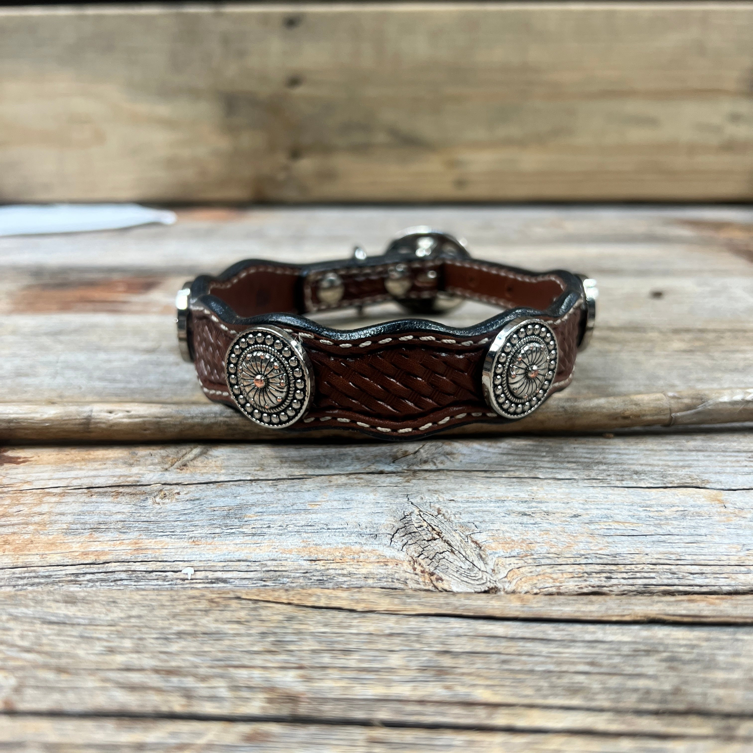 Leather Dog Collar With Flower and Dot Conchos 10