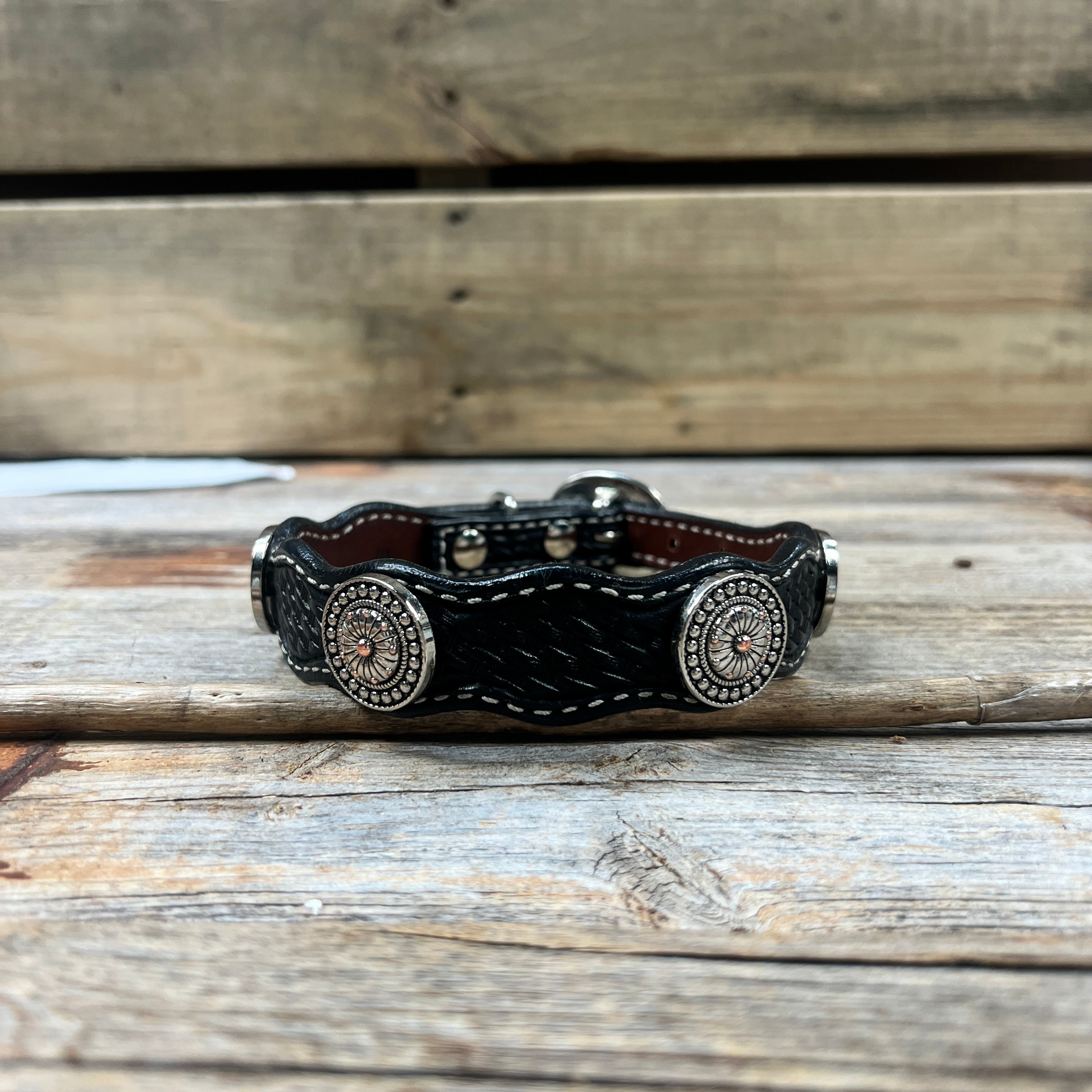 Leather Dog Collar With Flower and Dot Conchos 10