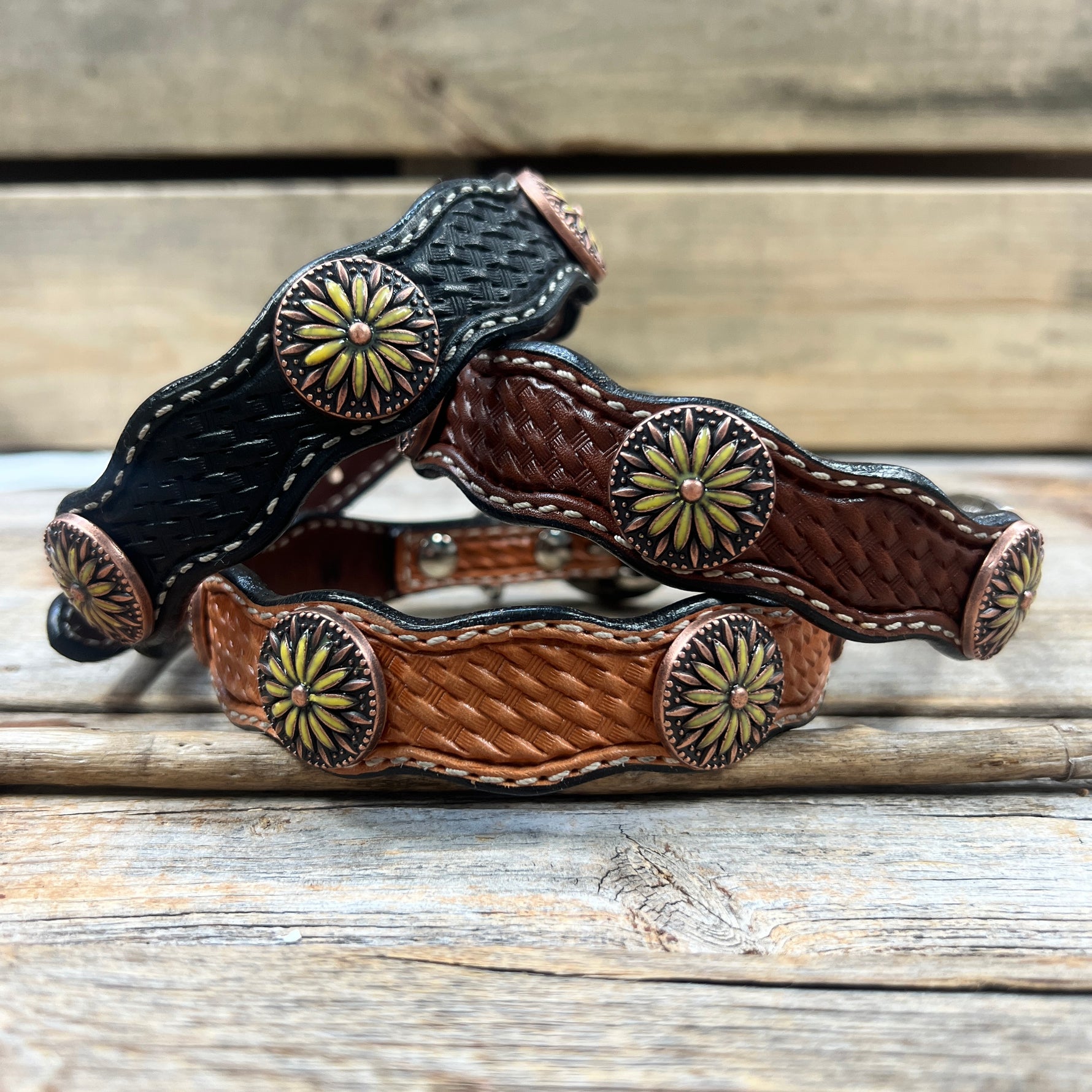 Genuine Leather Dog Collar With Yellow Daisy Conchos 10" to 22" W229S -DC71