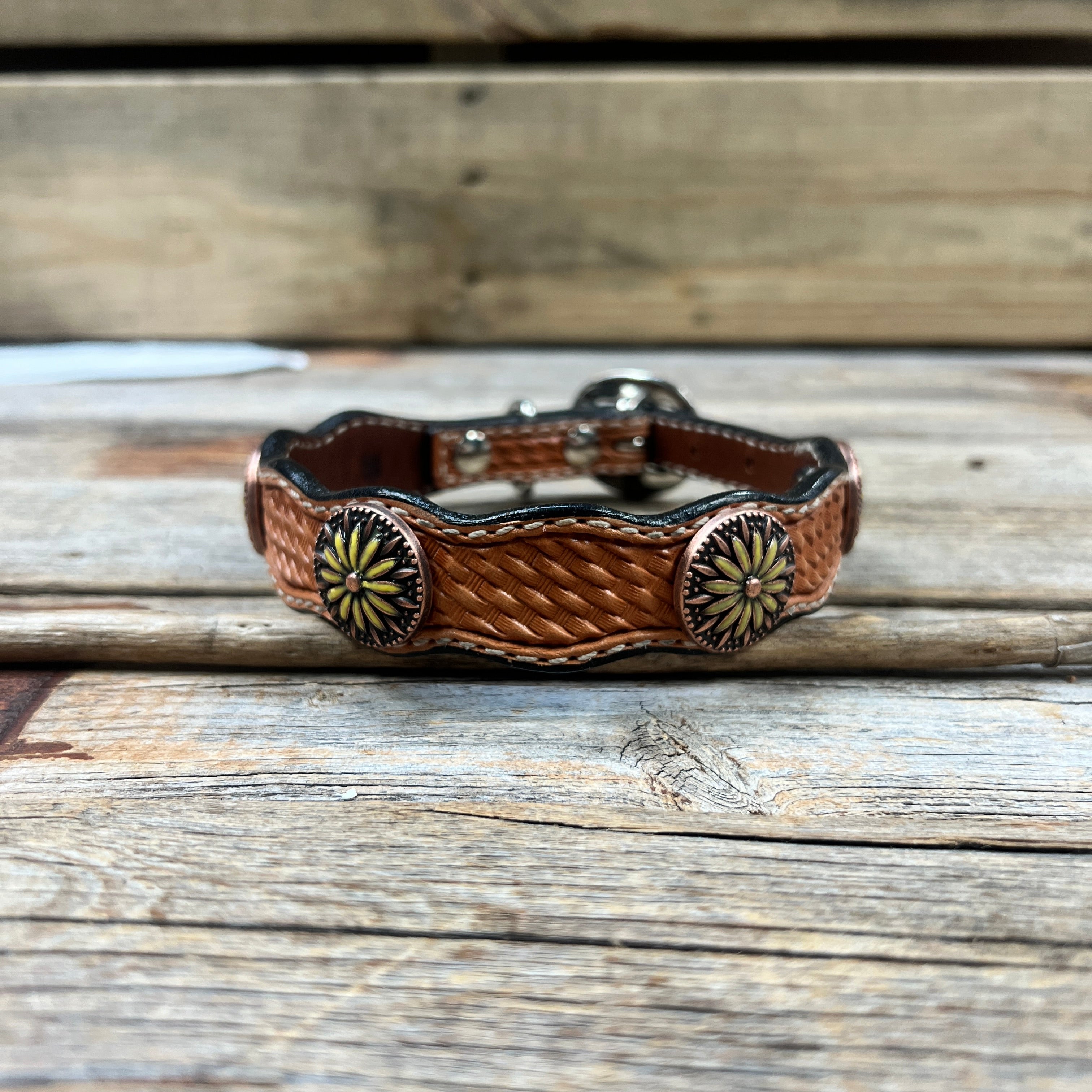 Leather Dog Collar With Yellow Daisy Conchos 10