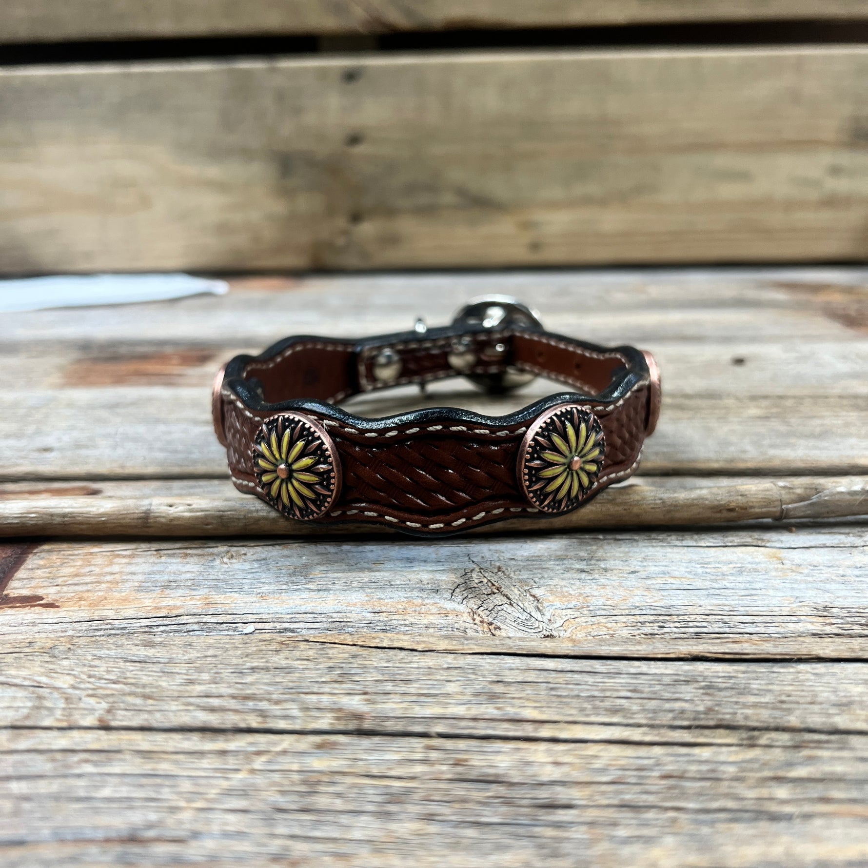 Genuine Leather Dog Collar With Yellow Daisy Conchos 10" to 22" W229S -DC71