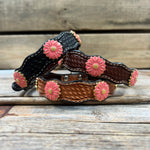 Genuine Leather Dog Collar With Pink Flower Conchos 10" to 22" W228S -DC72