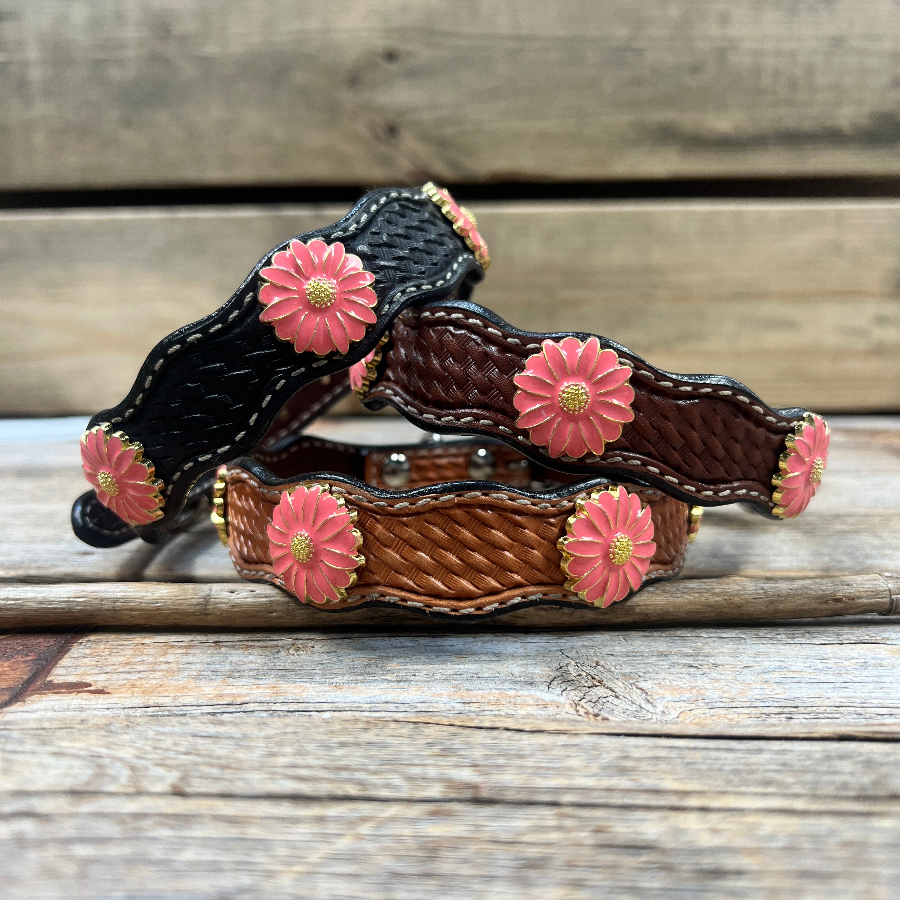 Leather Dog Collar With Pink Flower Conchos 10