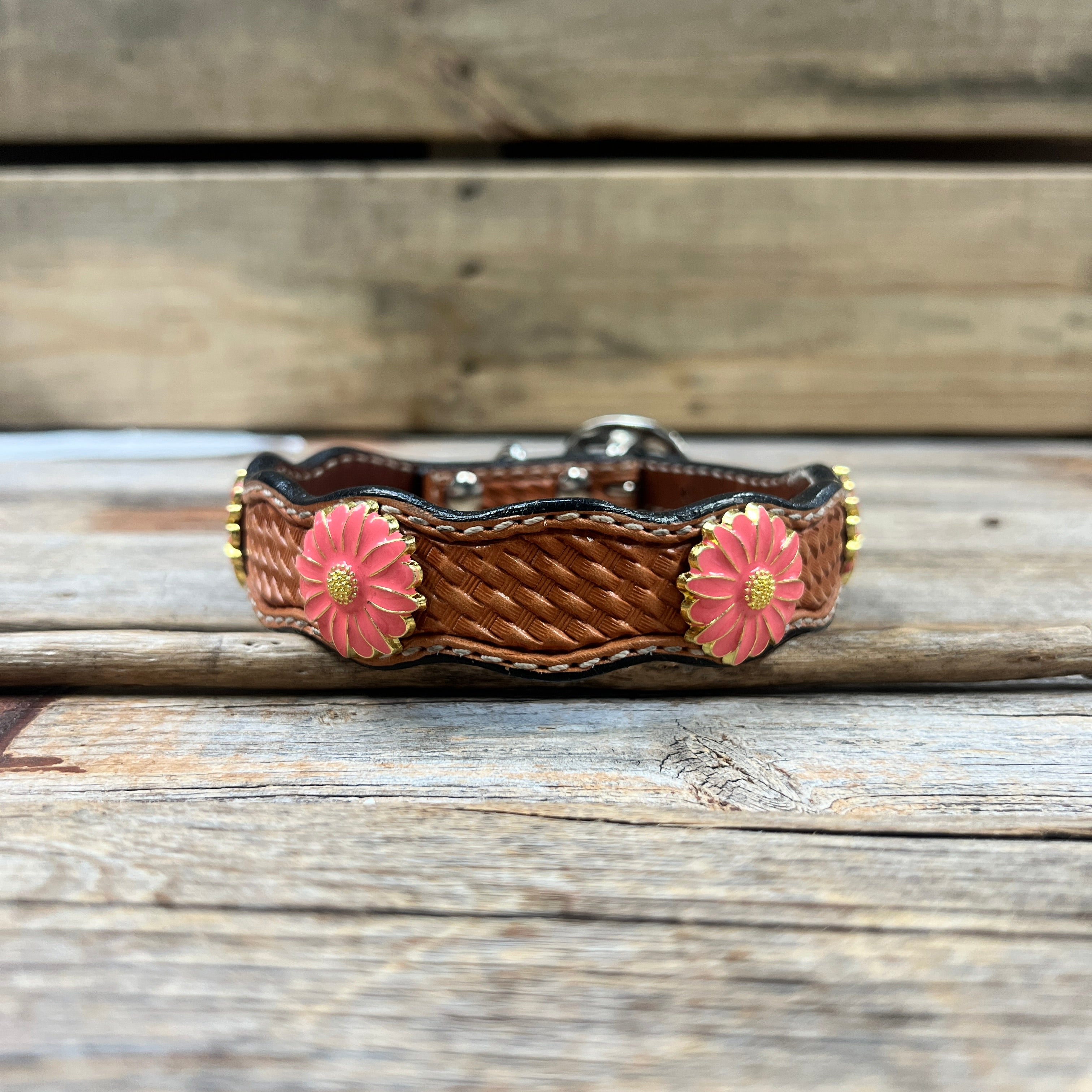 Leather Dog Collar With Pink Flower Conchos 10" to 22" W228S -DC72