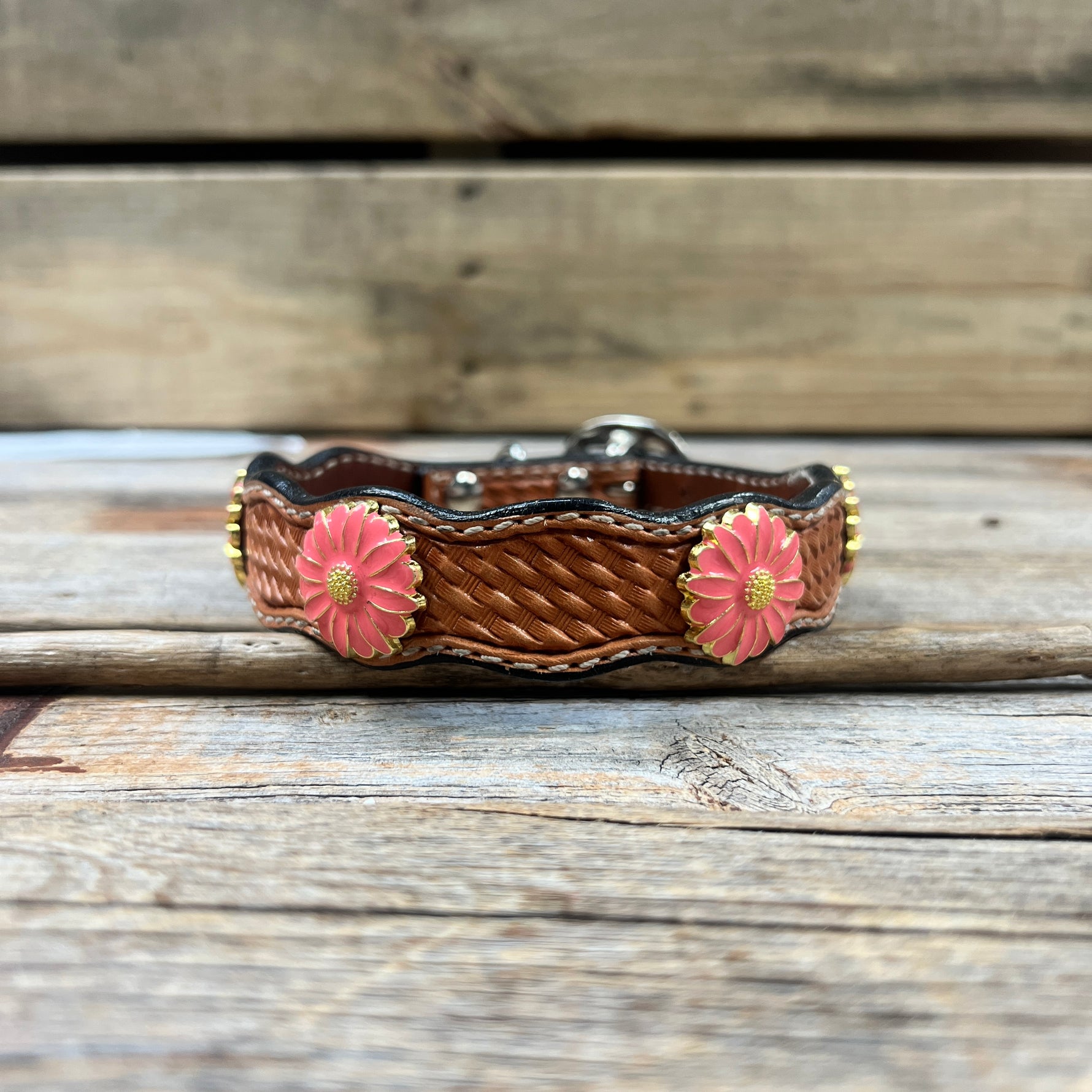Genuine Leather Dog Collar With Pink Flower Conchos 10" to 22" W228S -DC72