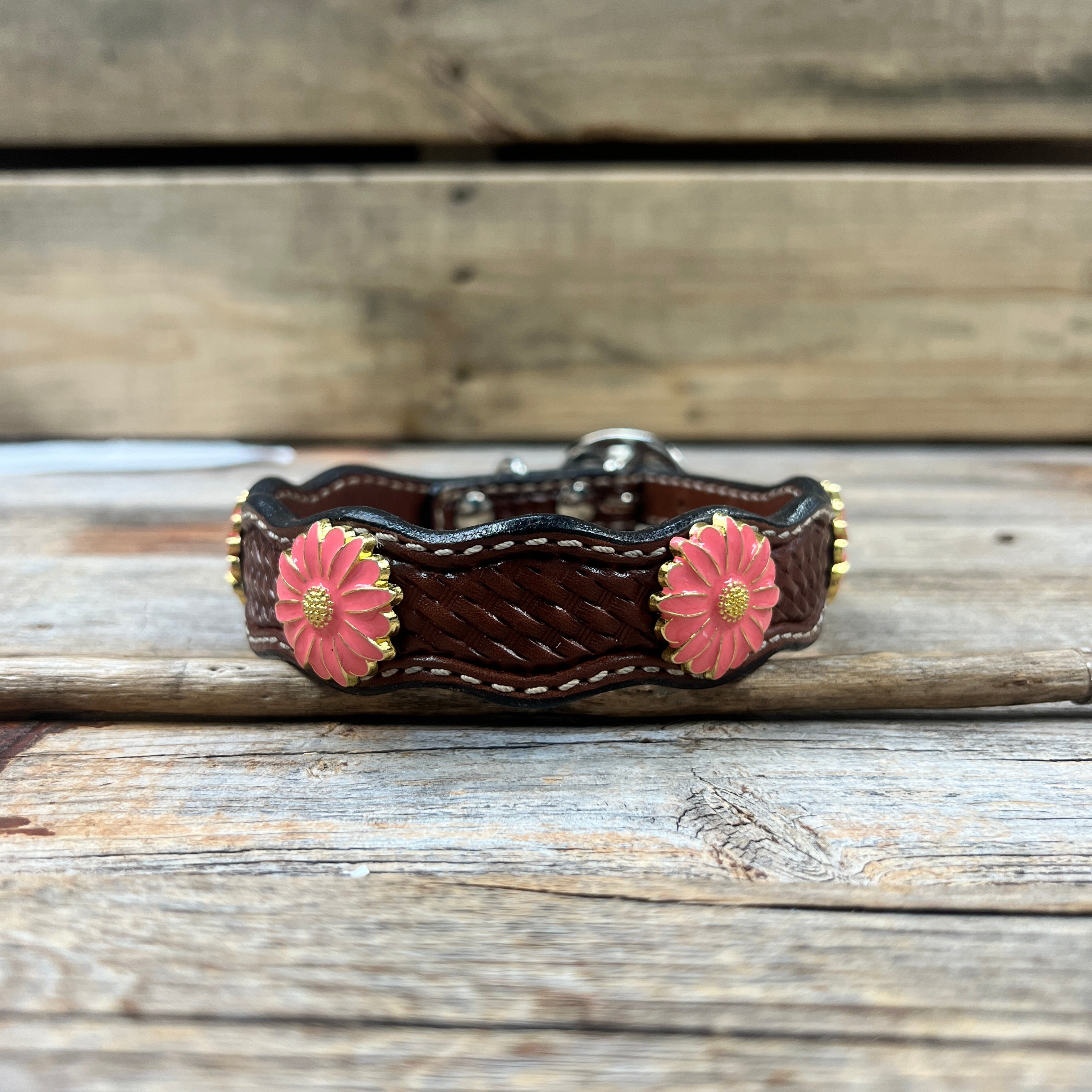 Leather Dog Collar With Pink Flower Conchos 10