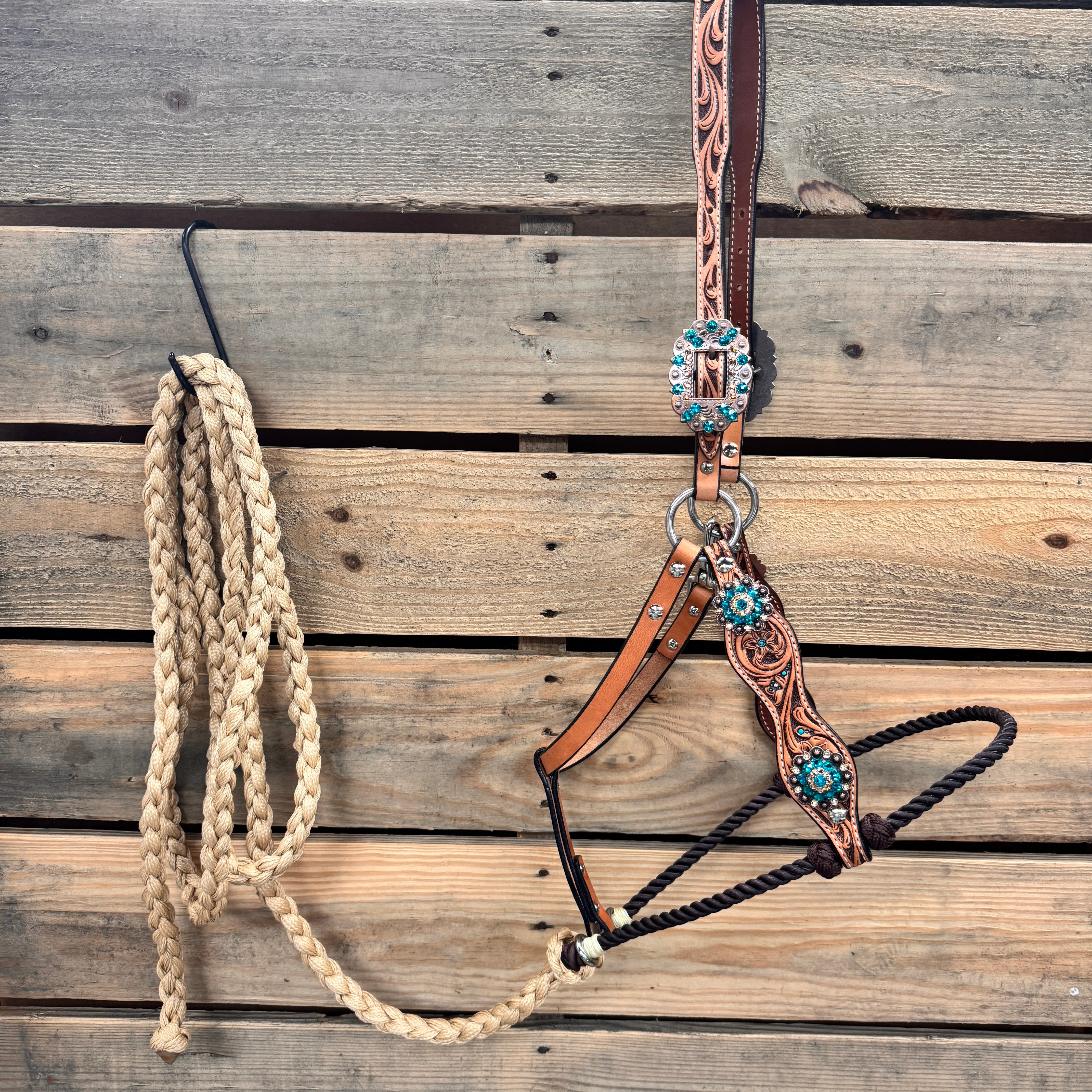 Floral Tooled Lariat & Leather Combo Halter #LH103