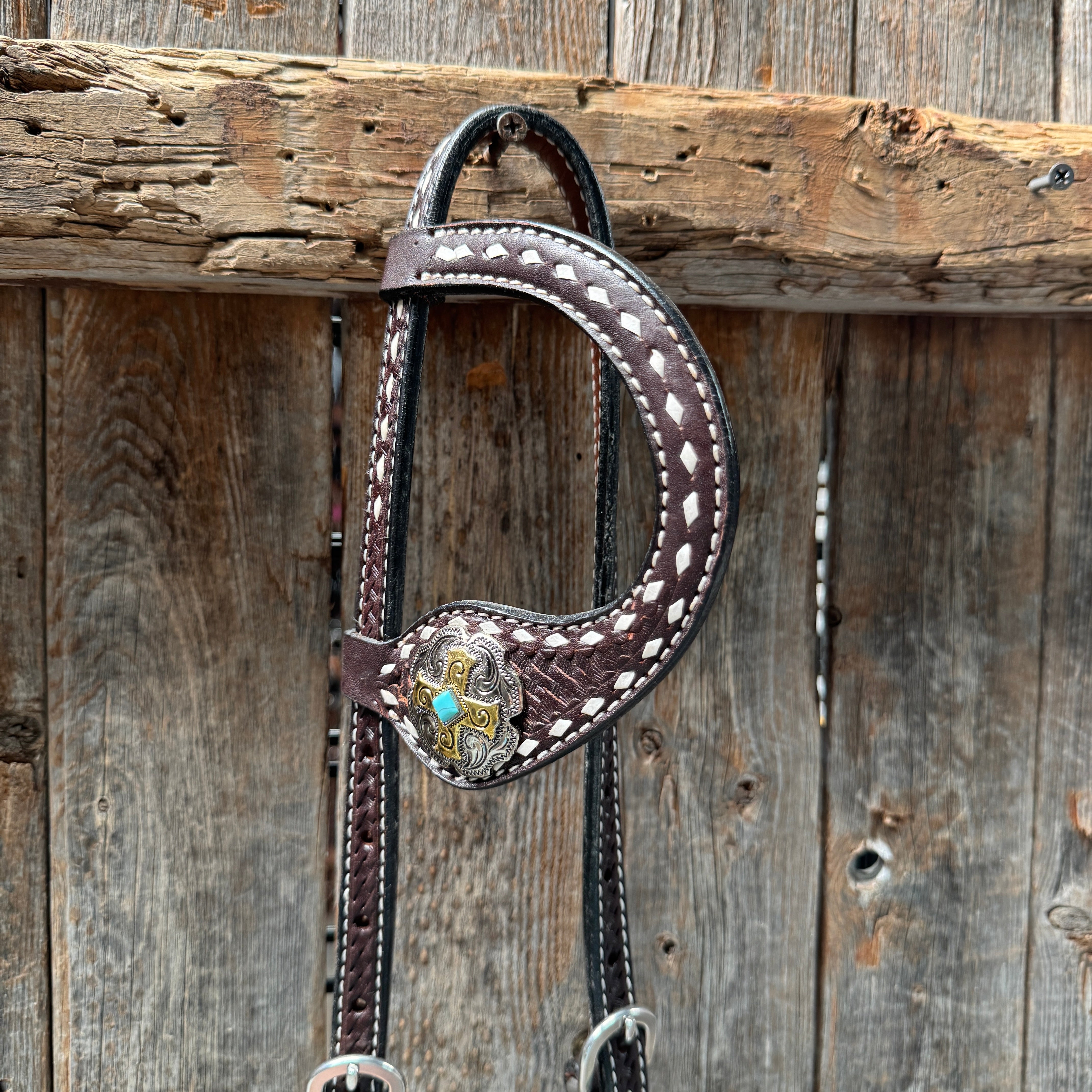 Dark Oil Buckstitch Gold Cross Browband/One Ear and Breastcollar Tack Set #BBBC401