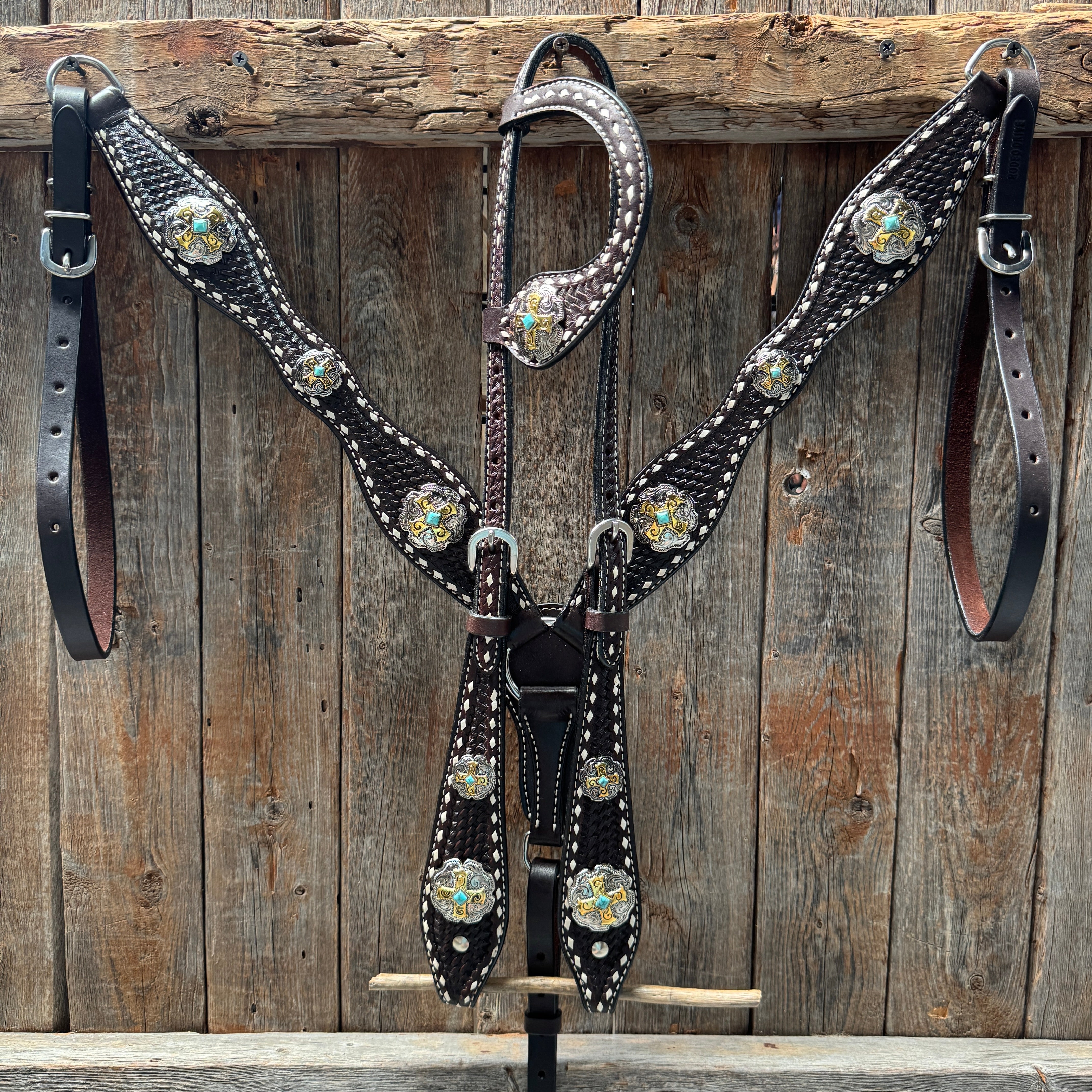Dark Oil Buckstitch Gold Cross Browband/One Ear and Breastcollar Tack Set #BBBC401