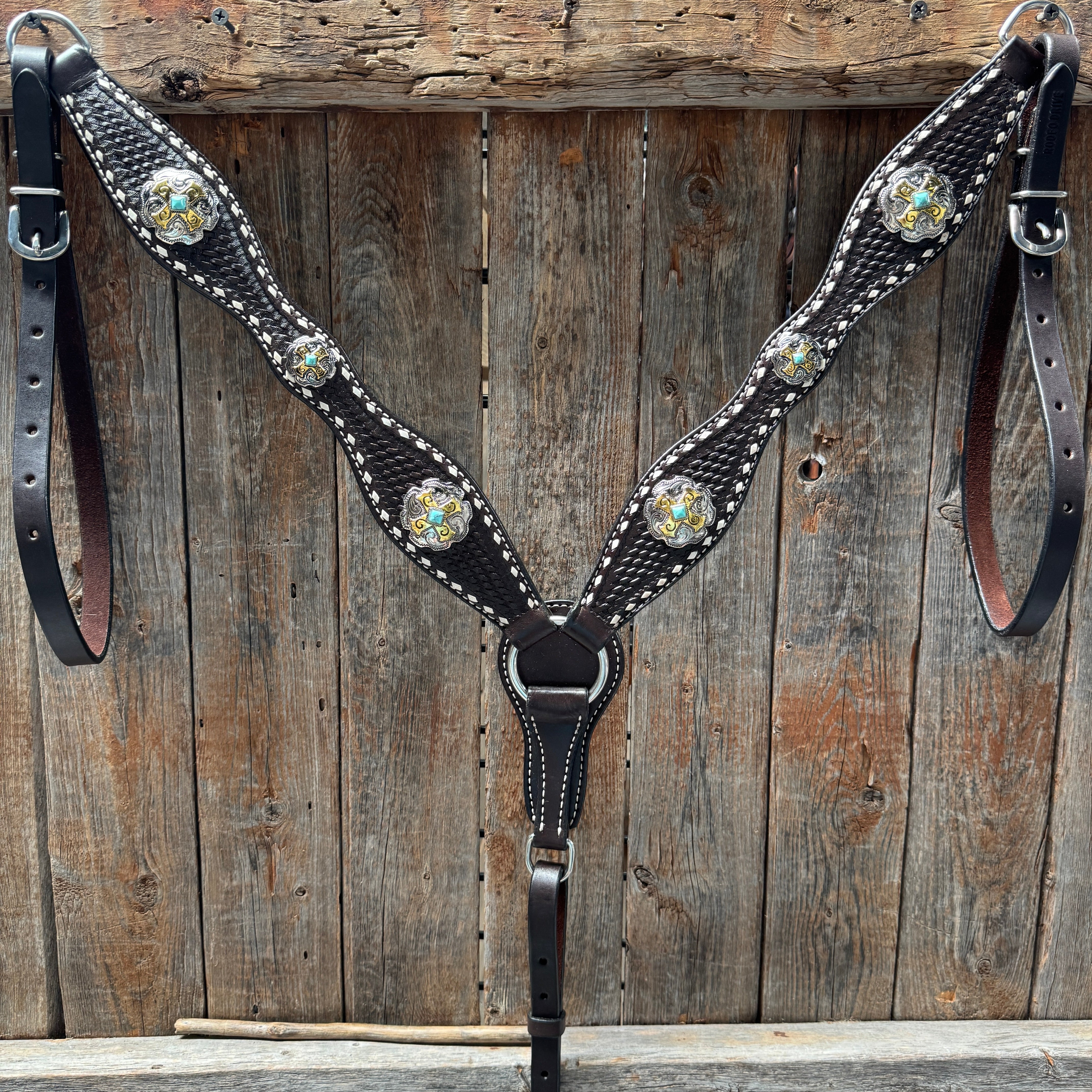 Dark Oil Buckstitch Gold Cross Browband/One Ear and Breastcollar Tack Set #BBBC401