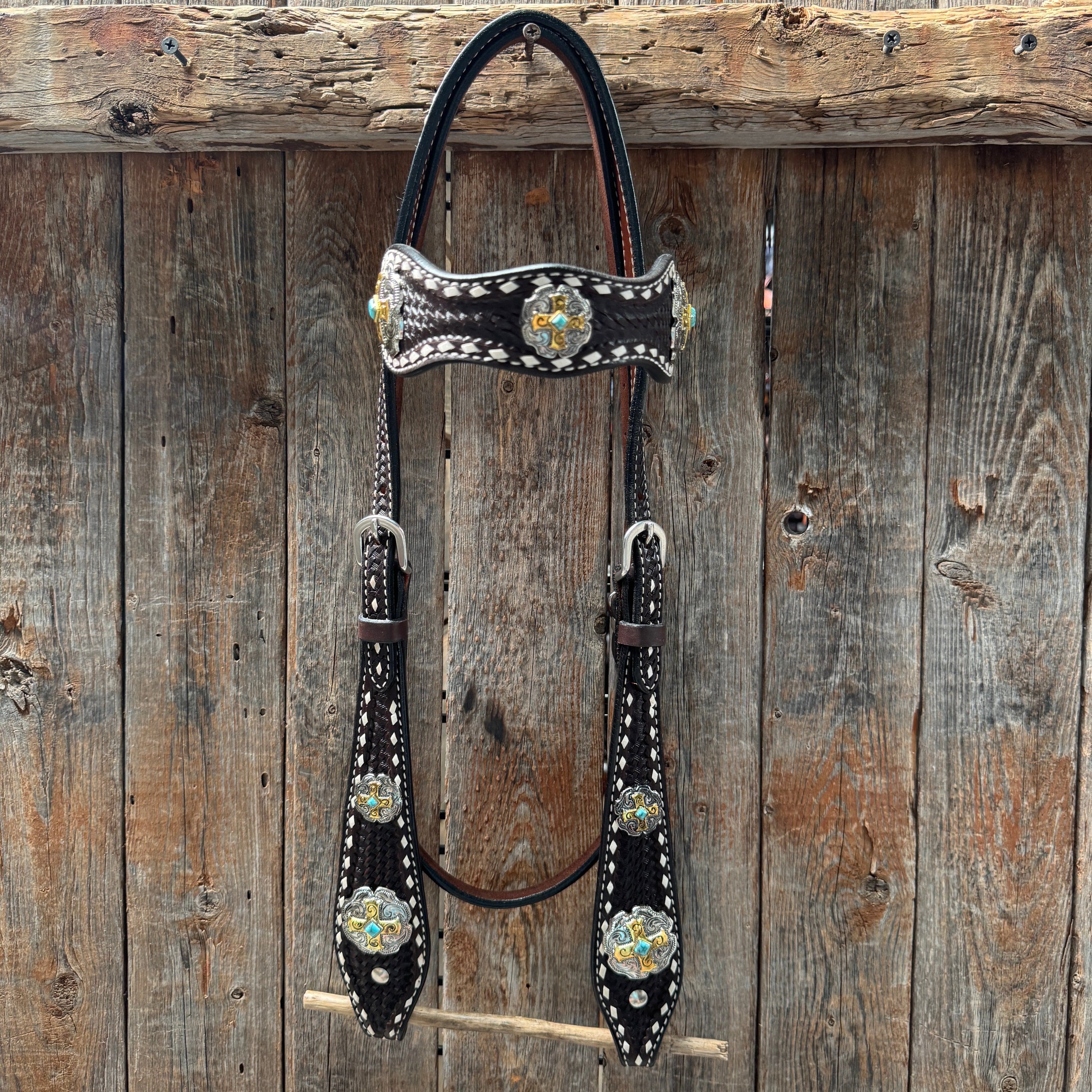 Dark Oil Buckstitch Gold Cross Browband/One Ear and Breastcollar Tack Set #BBBC401