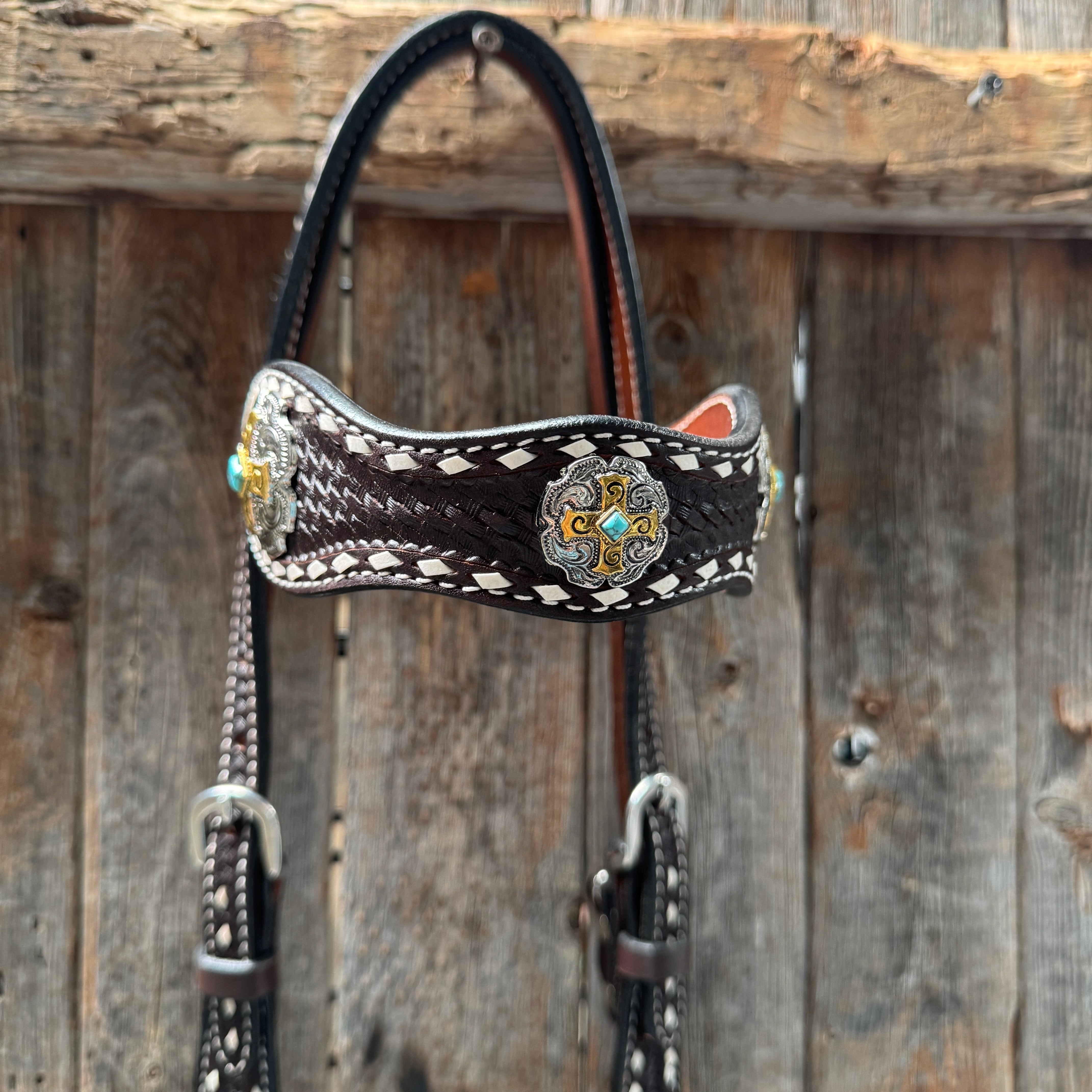 Dark Oil Buckstitch Gold Cross Browband/One Ear and Breastcollar Tack Set #BBBC401