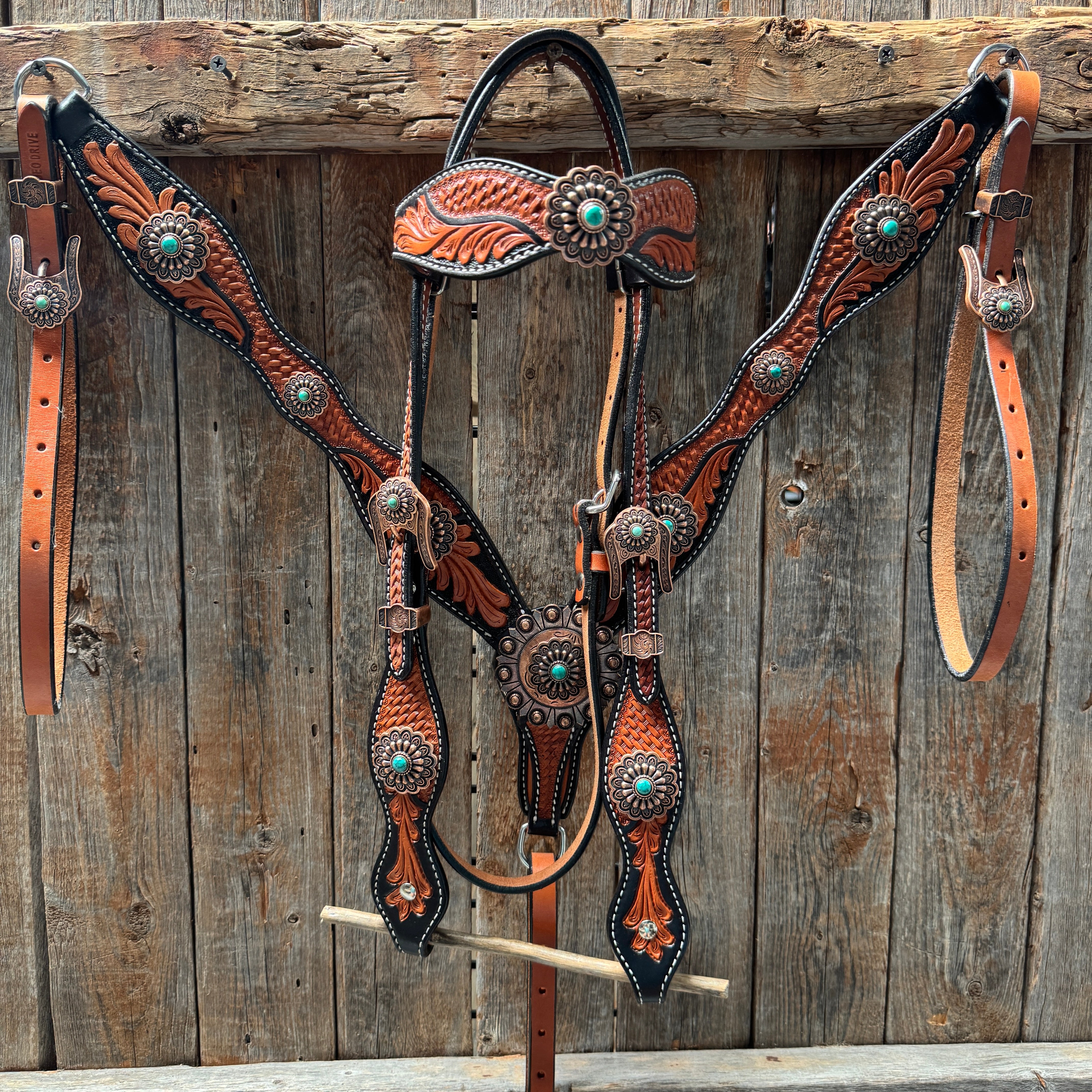 Two Tone Leaf Copper Flower Turquoise Browband/One Ear & Breastcollar Tack Set #OEBC454