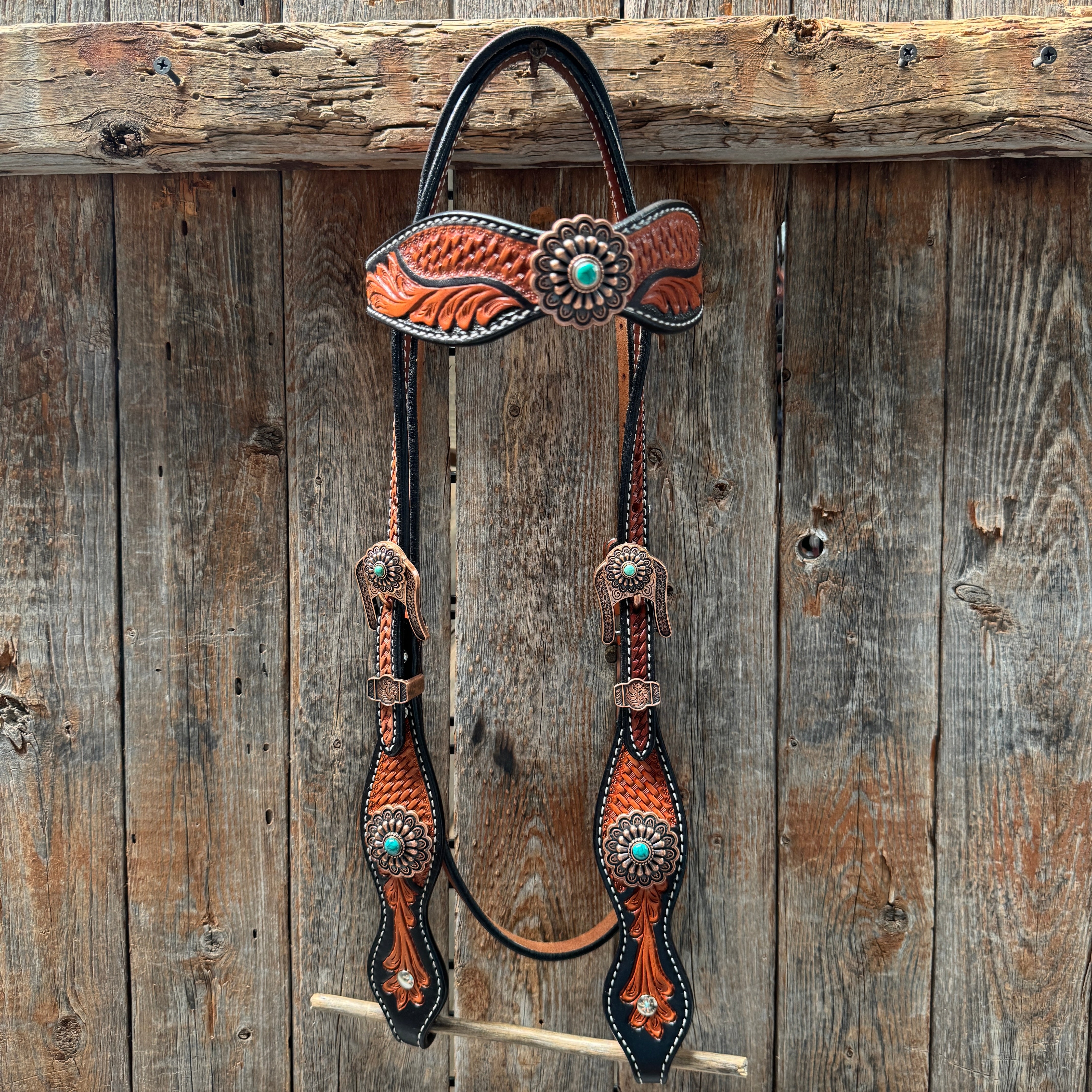 Two Tone Leaf Copper Flower Turquoise Browband/One Ear & Breastcollar Tack Set #OEBC454