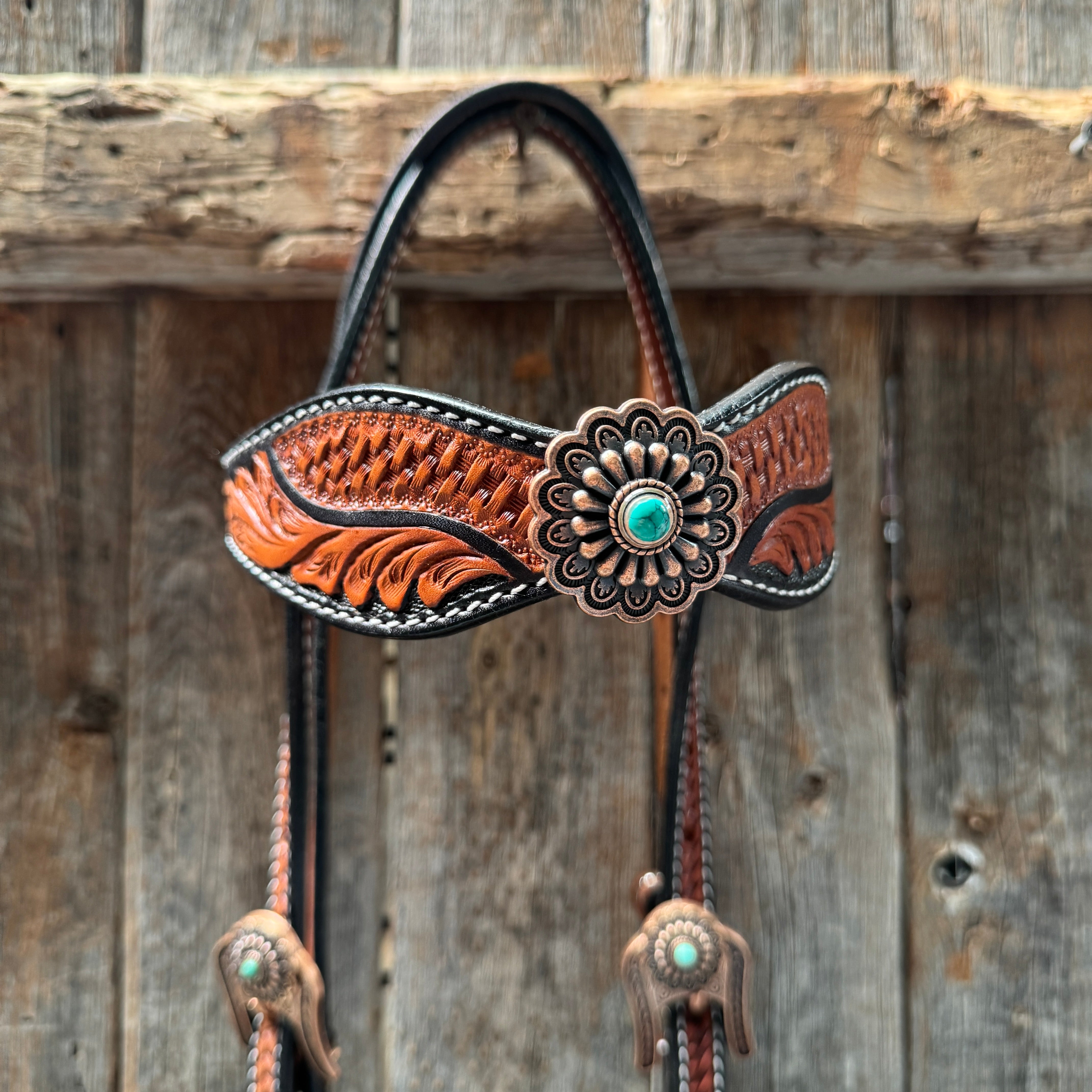 Two Tone Leaf Copper Flower Turquoise Browband/One Ear & Breastcollar Tack Set #OEBC454