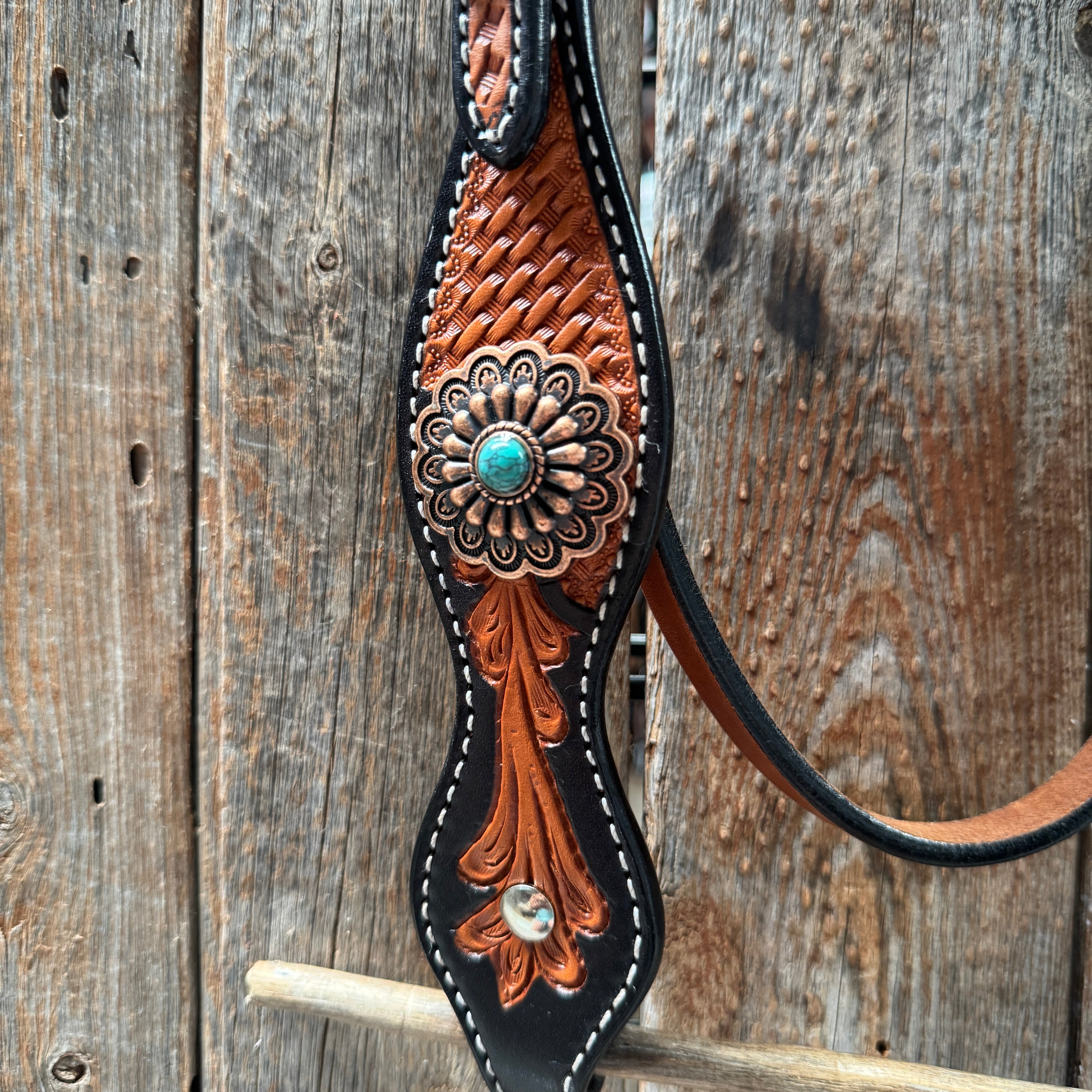 Two Tone Leaf Copper Flower Turquoise Browband/One Ear & Breastcollar Tack Set #OEBC454