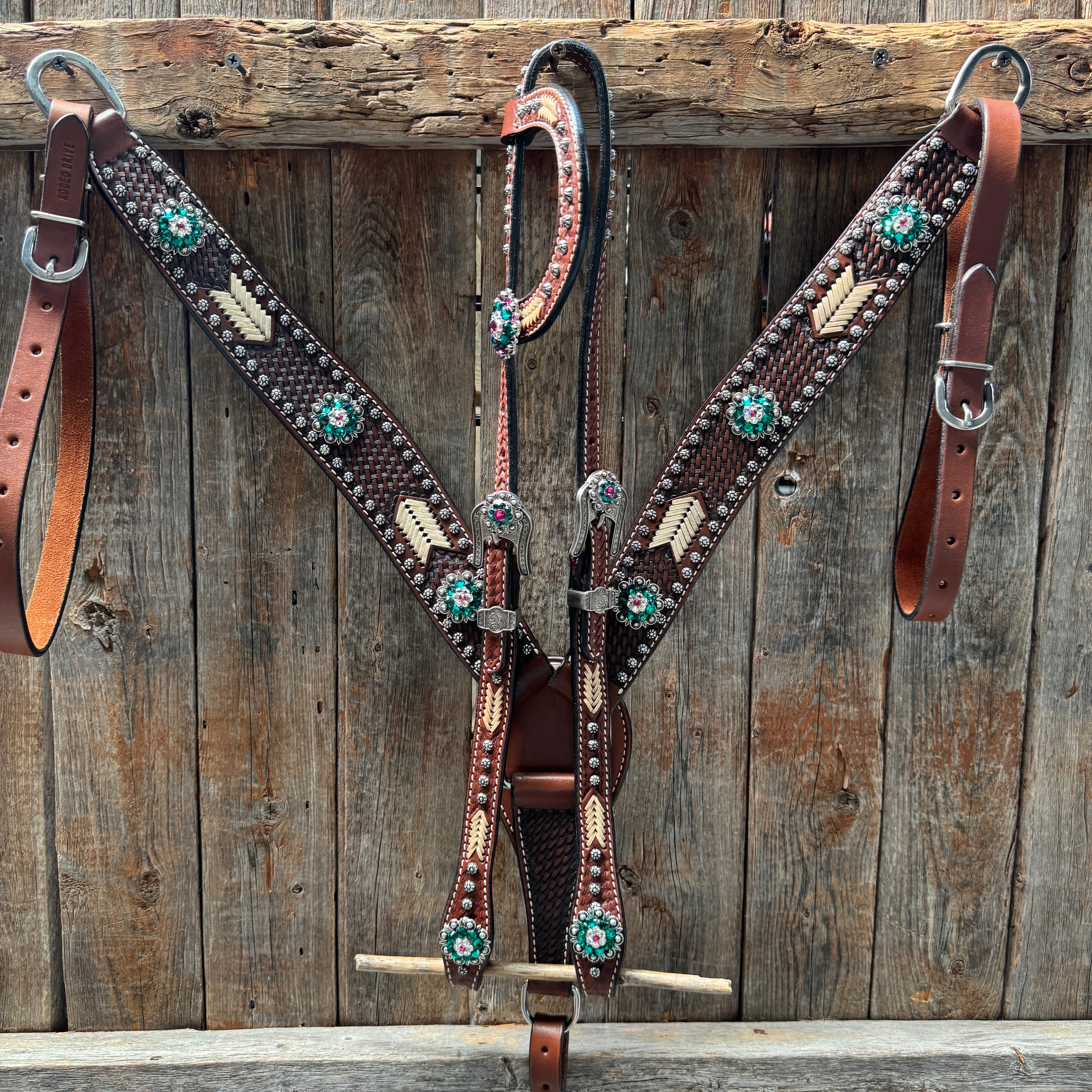 Rawhide Fuchsia, Clear and Emerald One Ear Headstall and Breastcollar Tack Set #OEBC412