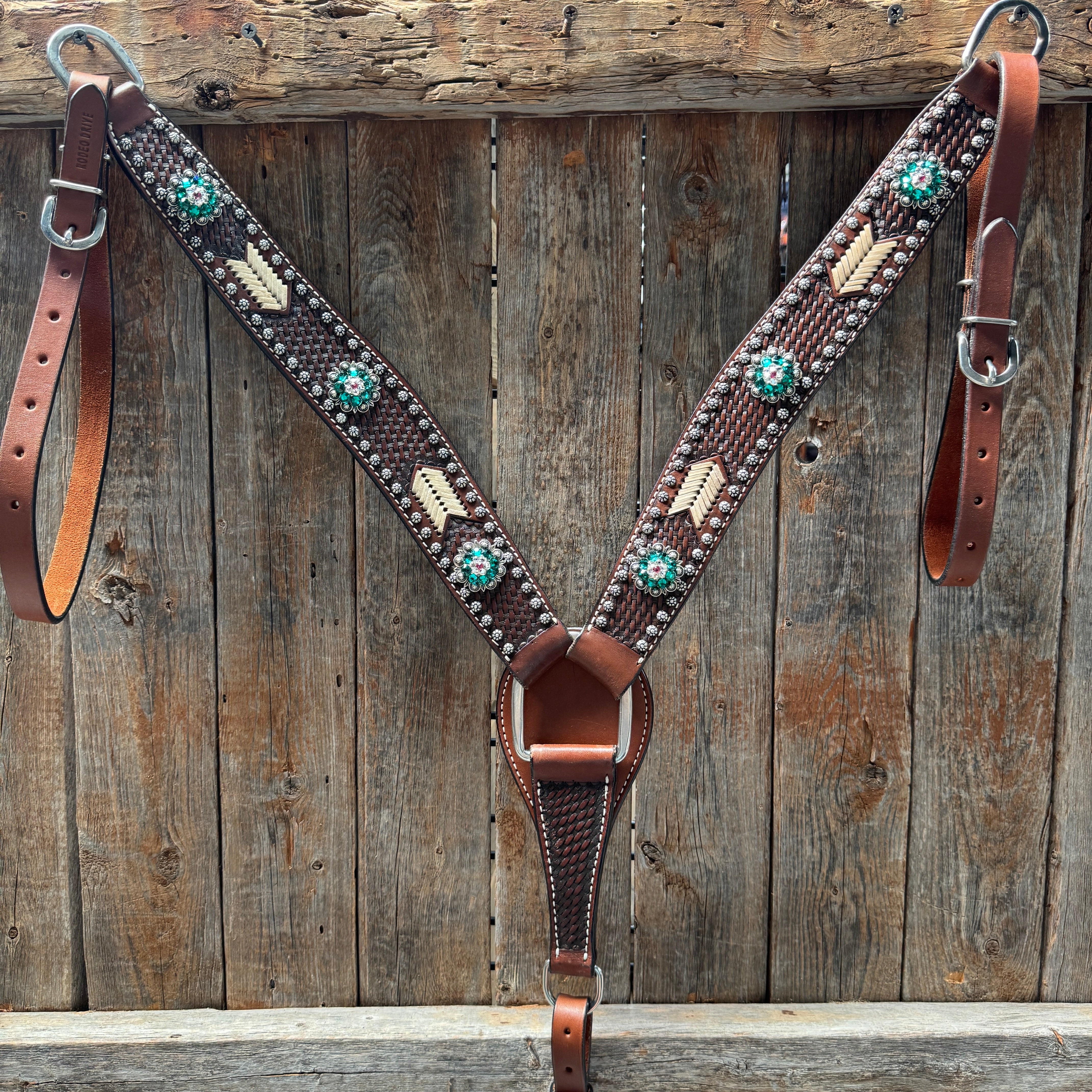 Rawhide Fuchsia, Clear and Emerald One Ear Headstall and Breastcollar Tack Set #OEBC412