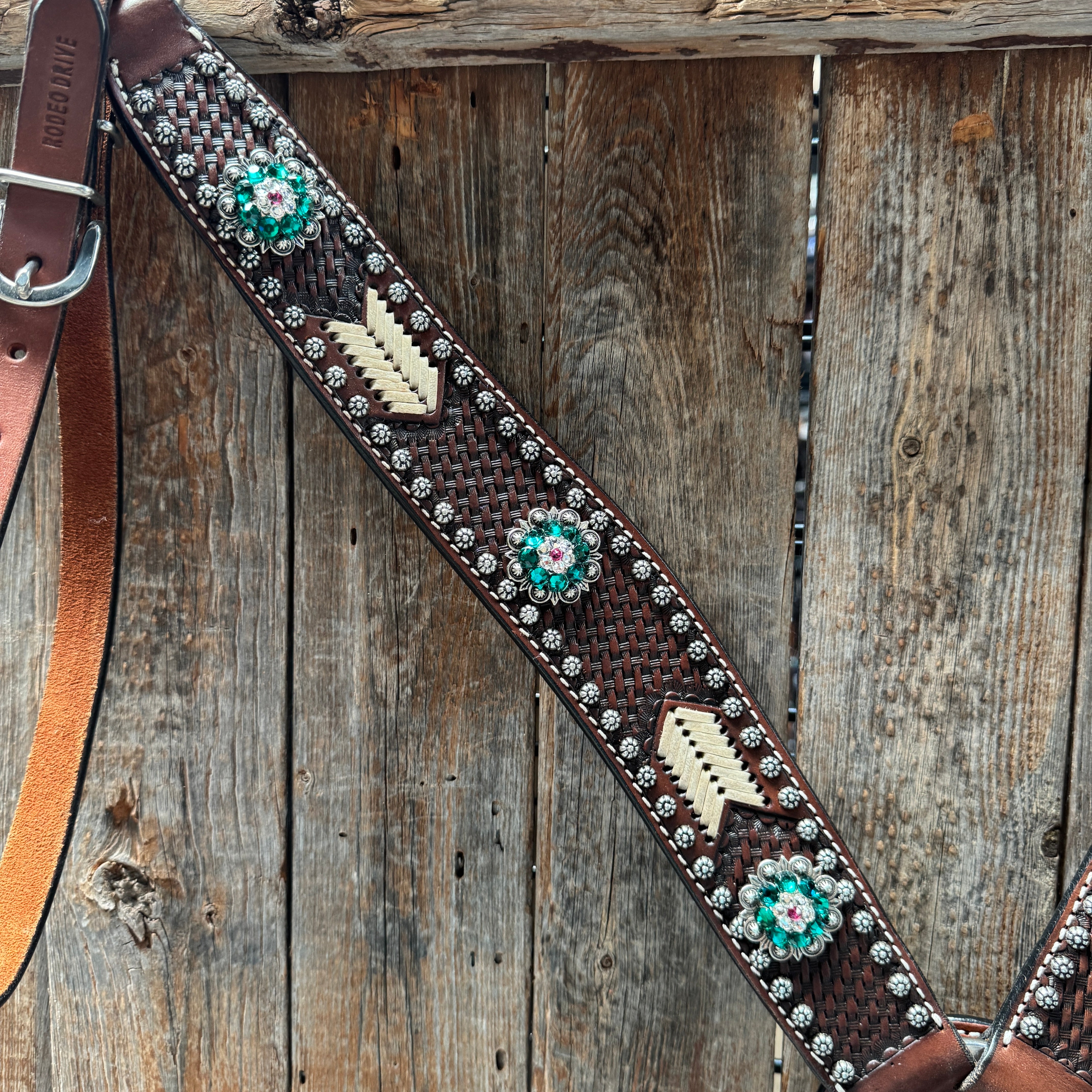 Rawhide Fuchsia, Clear and Emerald One Ear Headstall and Breastcollar Tack Set #OEBC412