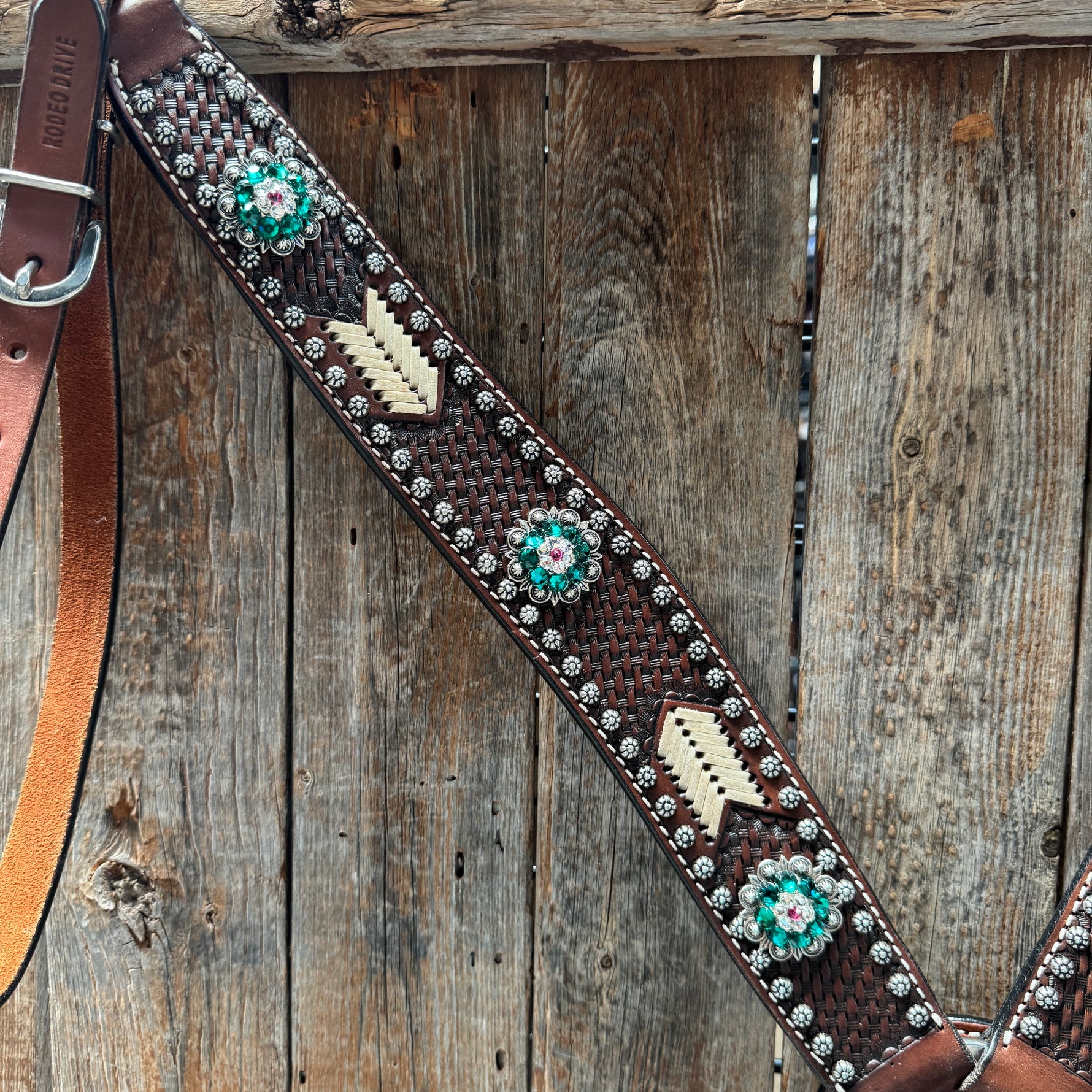 Rawhide Fuchsia, Clear and Emerald One Ear Headstall and Breastcollar Tack Set #OEBC412