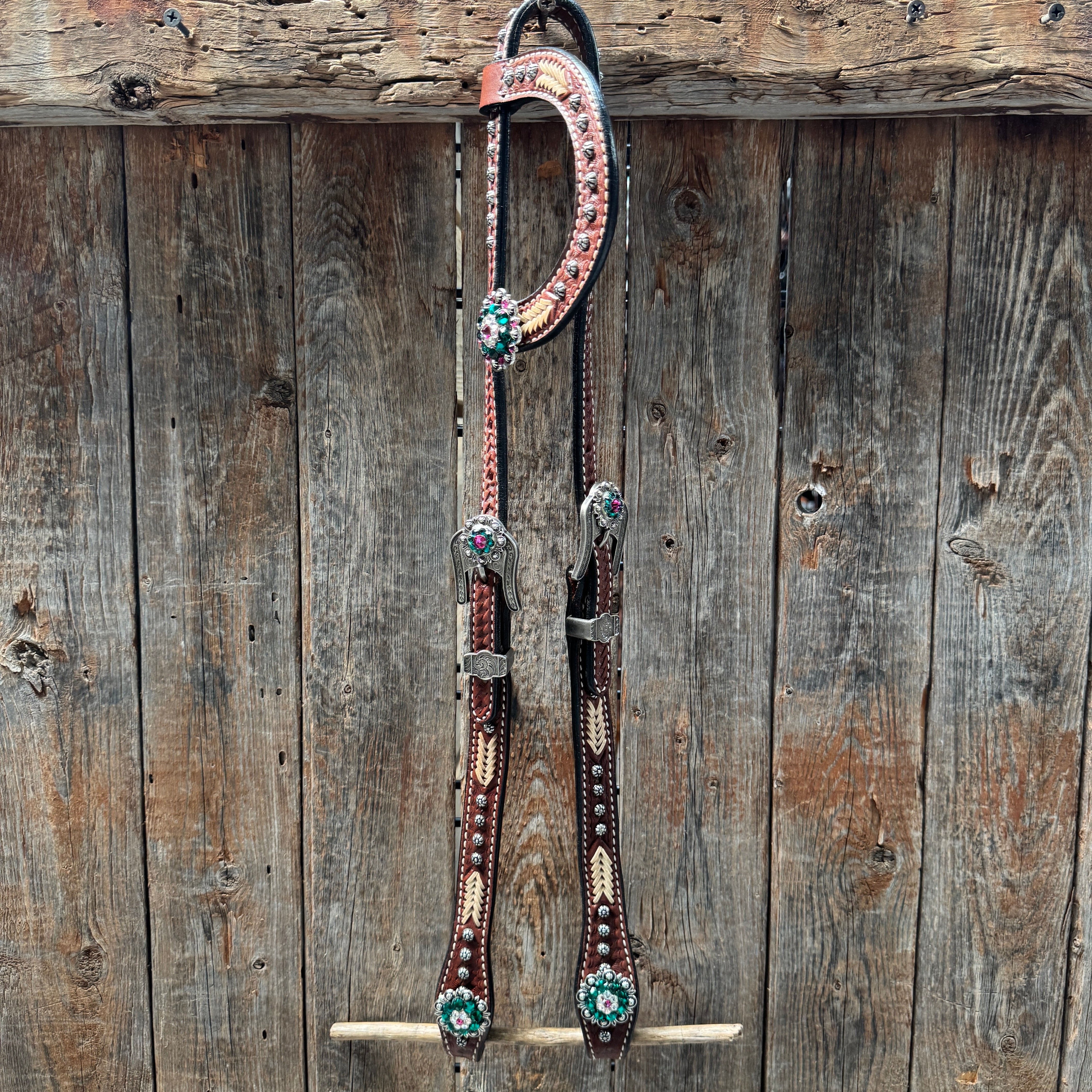 Rawhide Fuchsia, Clear and Emerald One Ear Headstall and Breastcollar Tack Set #OEBC412