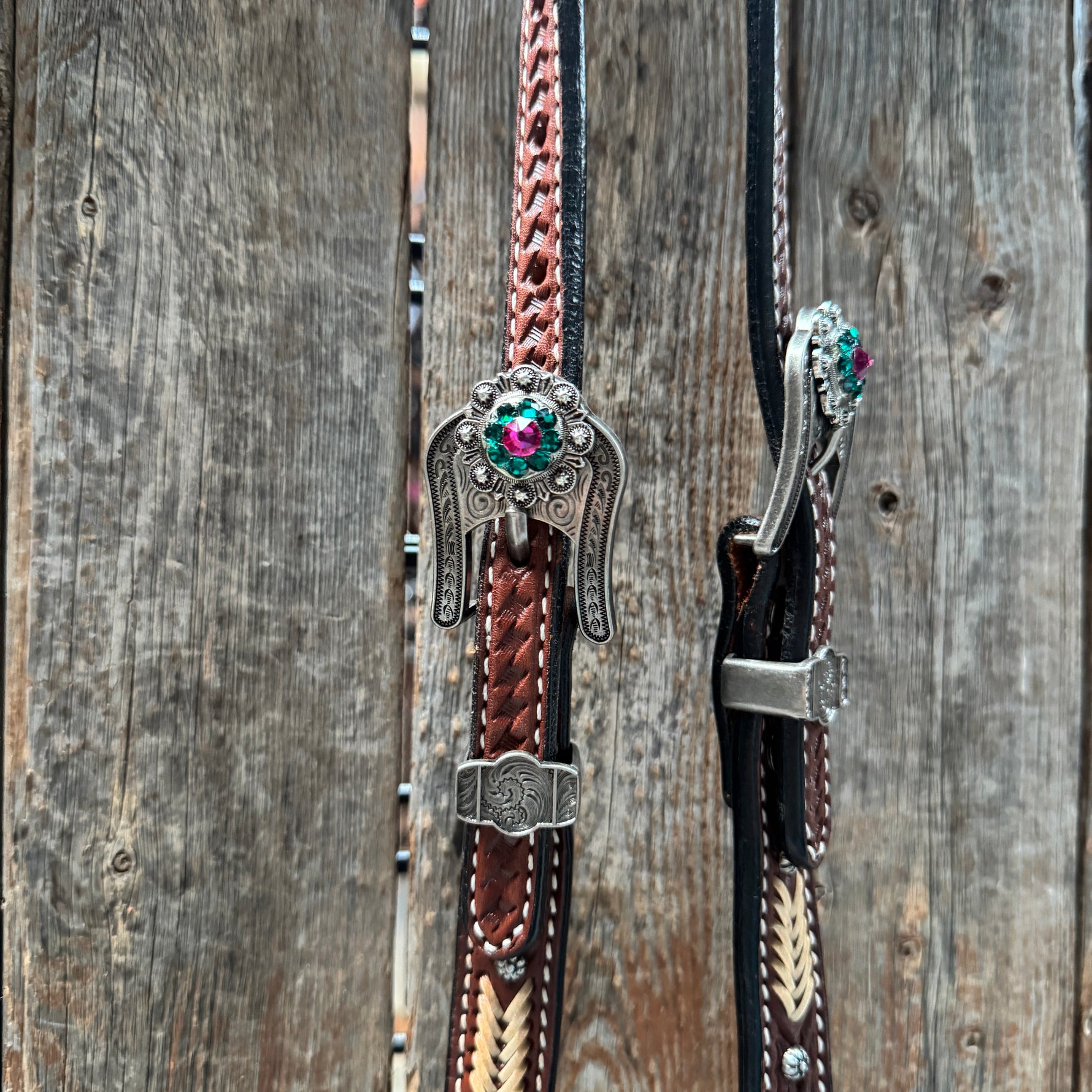 Rawhide Fuchsia, Clear and Emerald One Ear Headstall and Breastcollar Tack Set #OEBC412