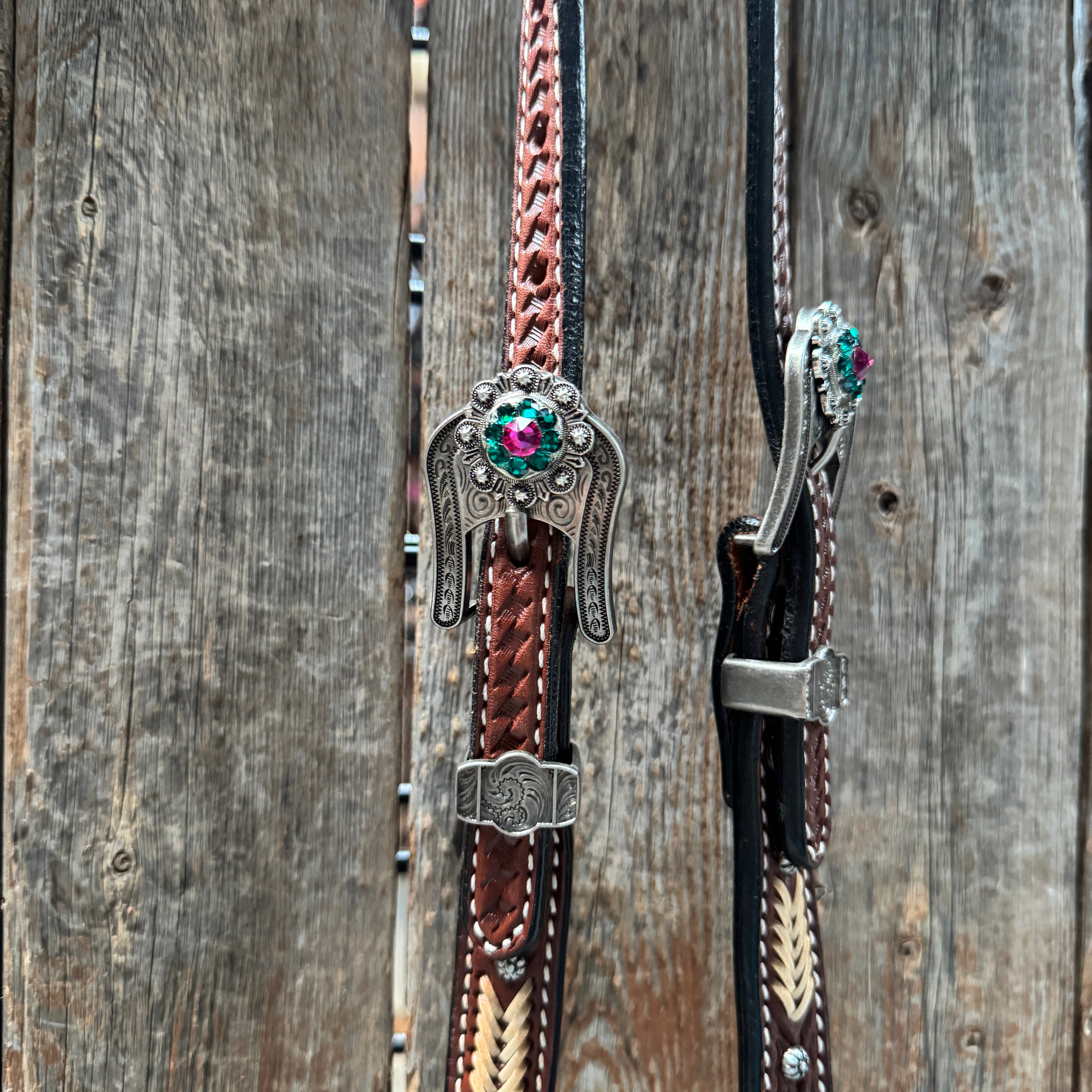 Rawhide Fuchsia, Clear and Emerald One Ear Headstall and Breastcollar Tack Set #OEBC412