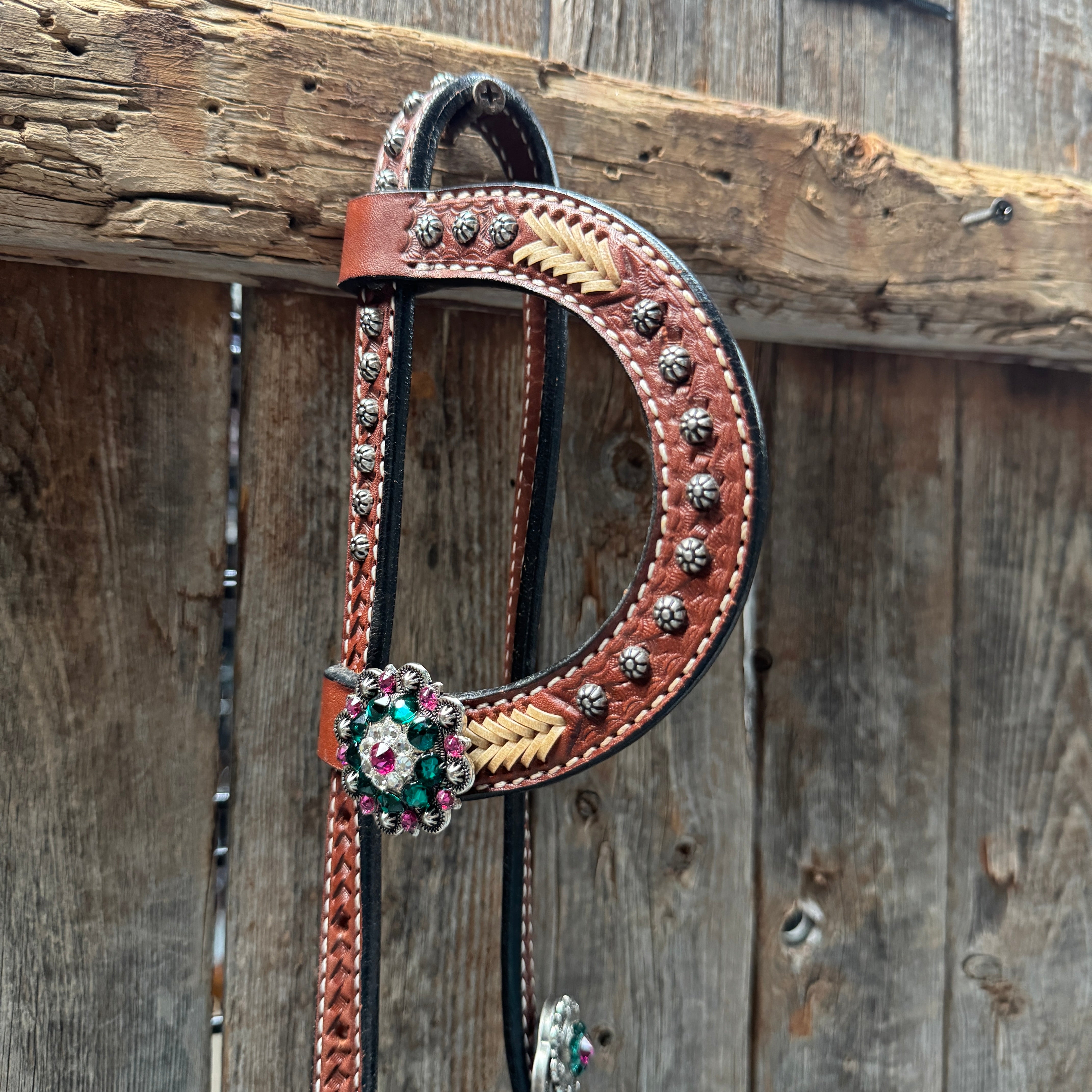 Rawhide Fuchsia, Clear and Emerald One Ear Headstall and Breastcollar Tack Set #OEBC412