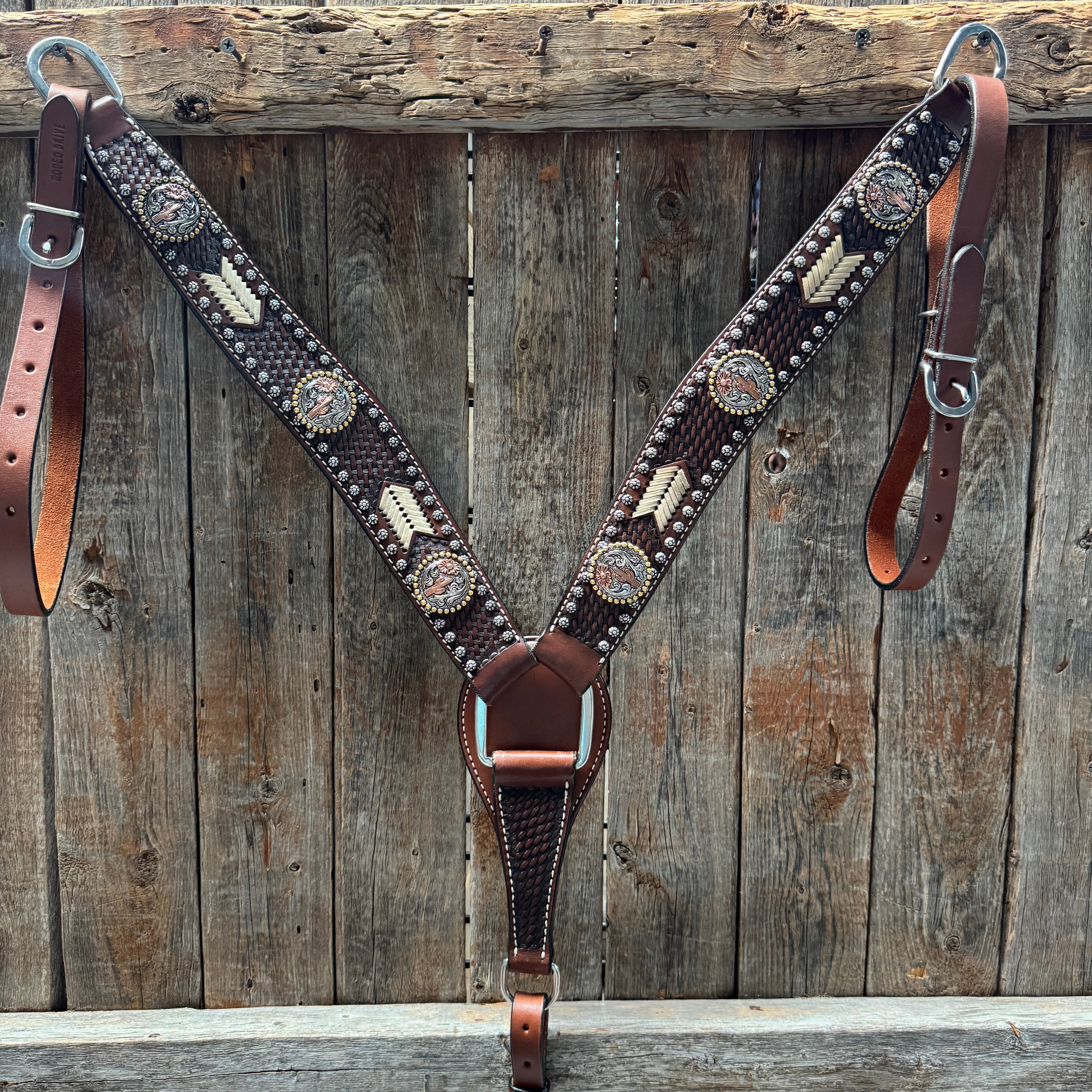 Rawhide Cactus and Flower One Ear Headstall and Breastcollar Tack Set #OEBC403