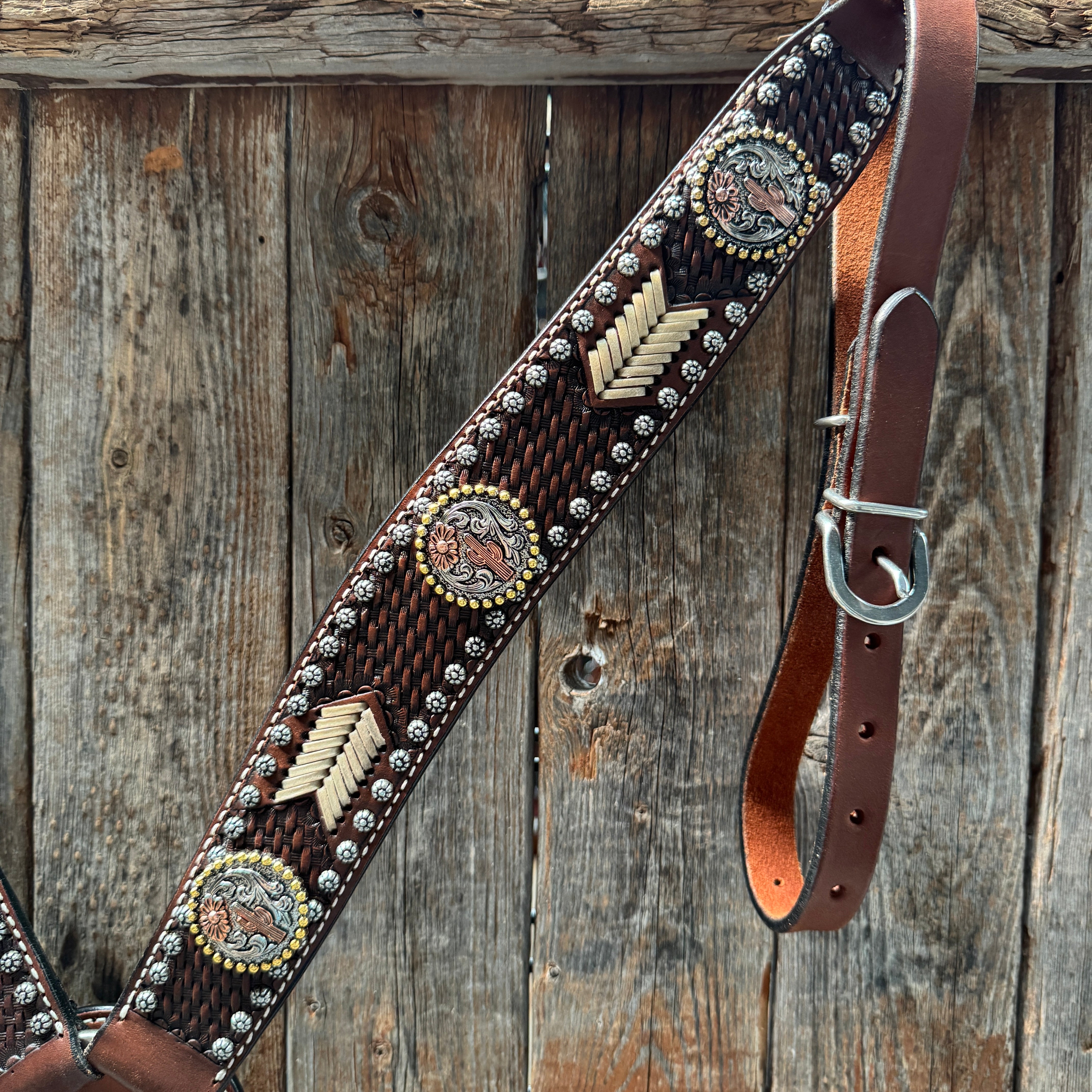 Rawhide Cactus and Flower One Ear Headstall and Breastcollar Tack Set #OEBC403
